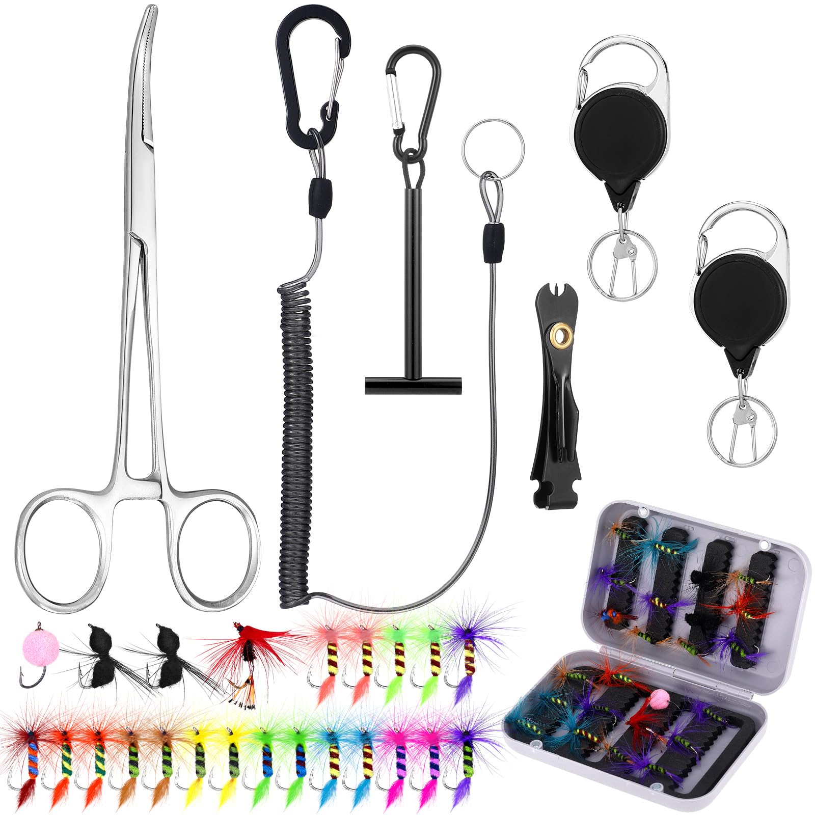 **31-Piece Fly Fishing Tools Kit with Flies, Forceps, Lanyard, Clippers, Tippet Holder & Zinger Retractor – Complete Fly Tying Accessories for Anglers – Perfect for Trout, Bass & Saltwater Fishing**    *(Use Cases: Ideal for fly fishing enthusiasts, beginners, and professionals looking for a comprehensive kit to tie flies, handle gear, and enhance their fishing experience on rivers, lakes, or coastal waters.)*