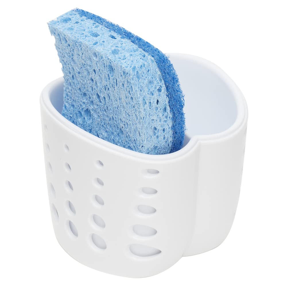 Home Basics Double Sponge Holder Kitchen Sink Caddy - White Saddle Faucet Soap & Sponge Organizer with Drain Holes | Perfect for Kitchen Sink Organization & Dishwashing Accessories