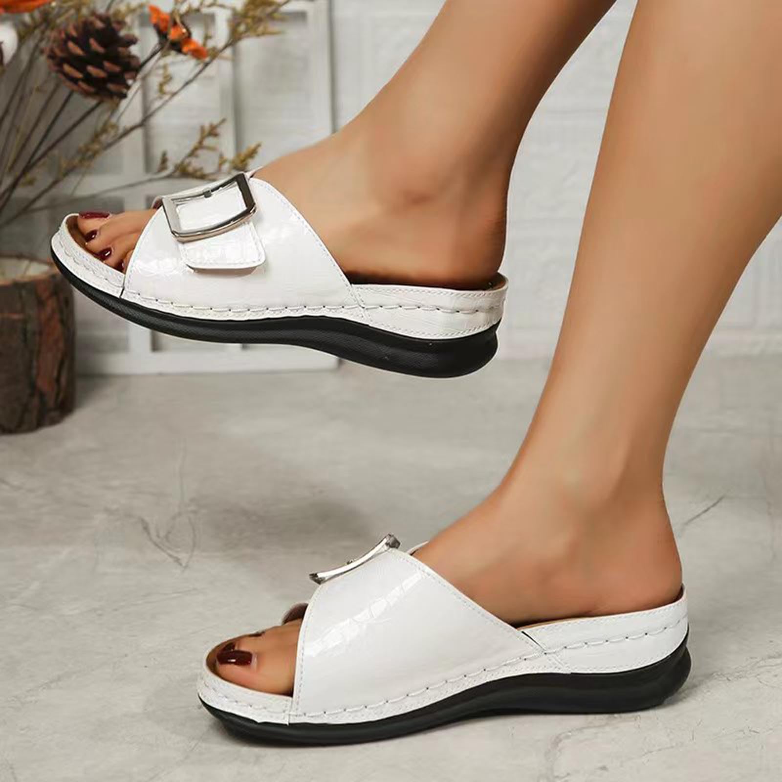 Oelaio Women's Summer Sandals - Clearance Sale on Large Size Wedge Heel Fish Mouth Solid Color Sandals (White, Size 6.5) | Perfect for Beach Vacations, Pool Parties & Summer Outings