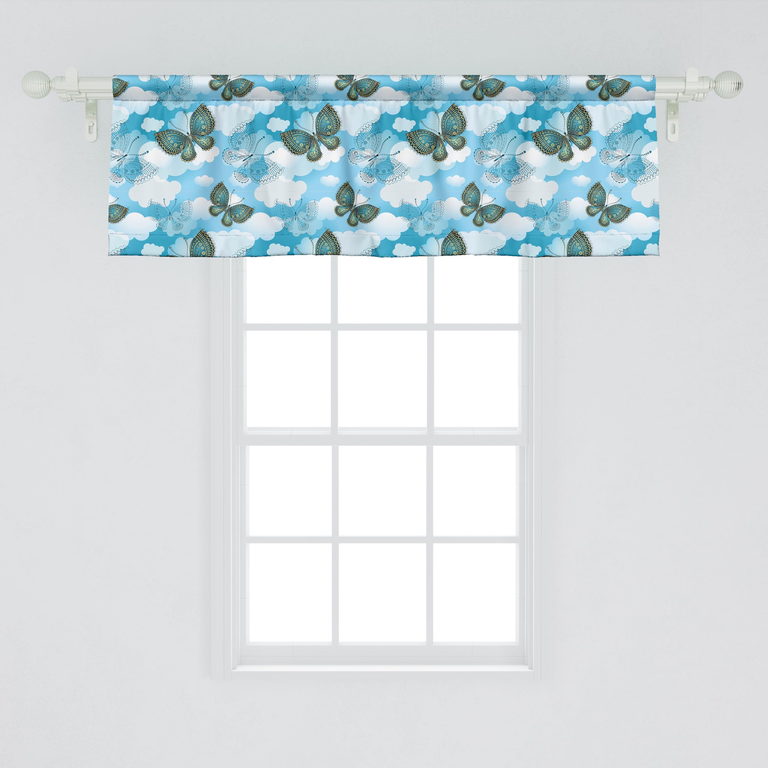 Ambesonne Butterfly Window Valance - Floral Ornamental Moths Design with Clouds on Sky Blue Dark Teal Fabric - 54