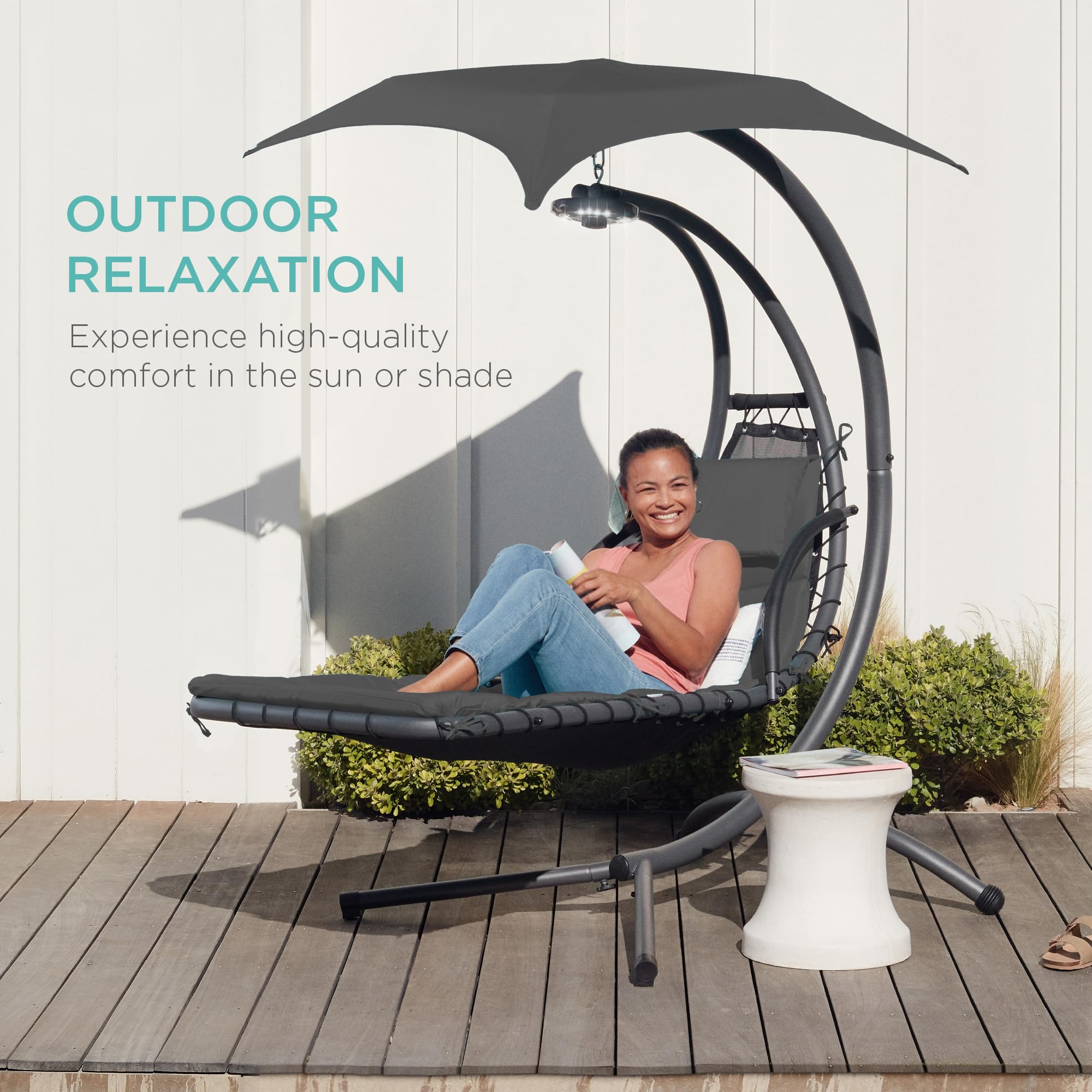 Best Choice Products Outdoor Hanging Chaise Lounge Chair Swing - Steel Frame with Built-in Pillow & Removable Canopy, Charcoal Gray - Perfect for Patio, Garden, Poolside Relaxation