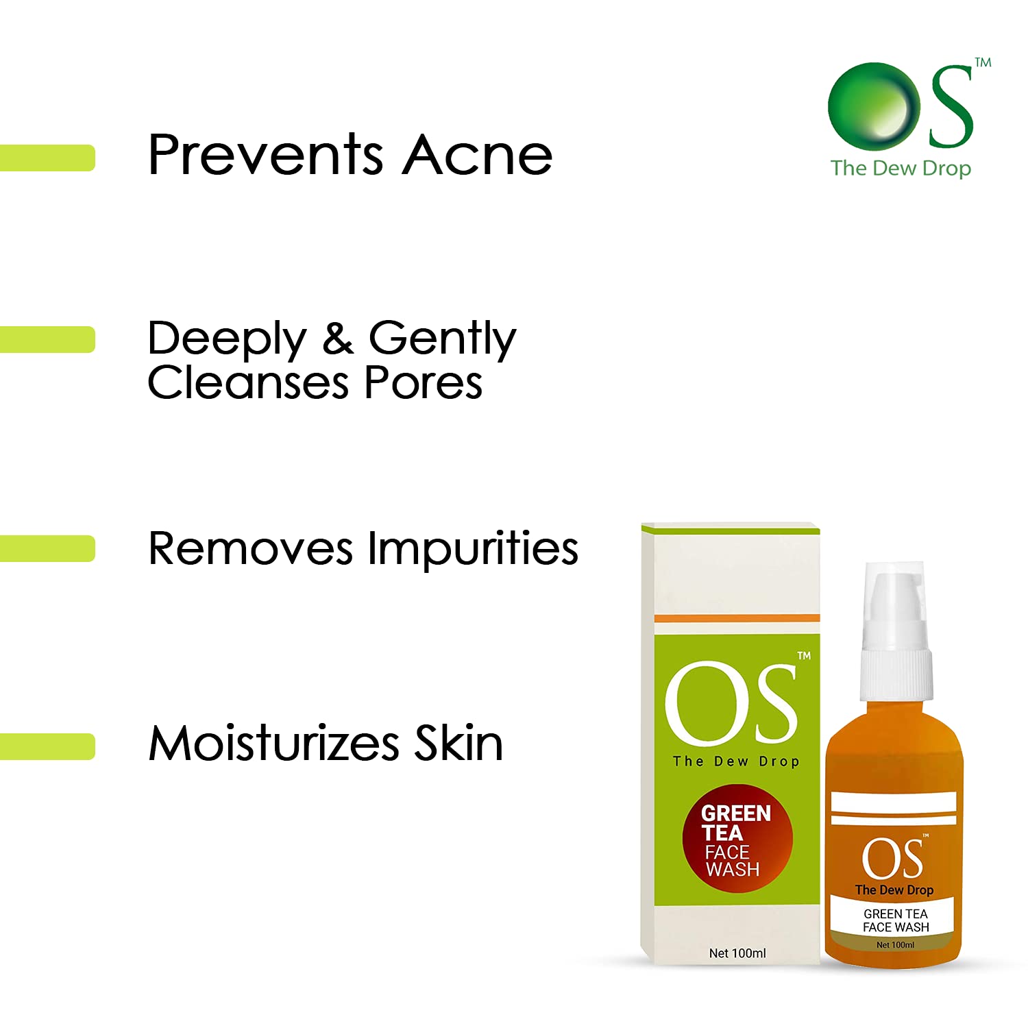 OS Le Bonheur Green Tea Face Wash - Gentle & Skin-Friendly Formula to Improve Skin Texture, 100ml | Perfect for Daily Cleansing & Acne-Prone Skin