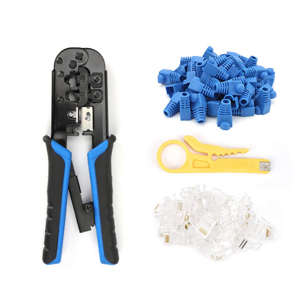 Professional RJ45 Crimp Tool Kit for Cat5/Cat5e Ethernet Cables - Includes RJ-11 & 8P/RJ-45 Crimper, Cutter, Stripper with 20PCS Connectors & 20PCS Covers - Perfect for Network Installation, Cable Repair & DIY Home/Office Wiring Projects