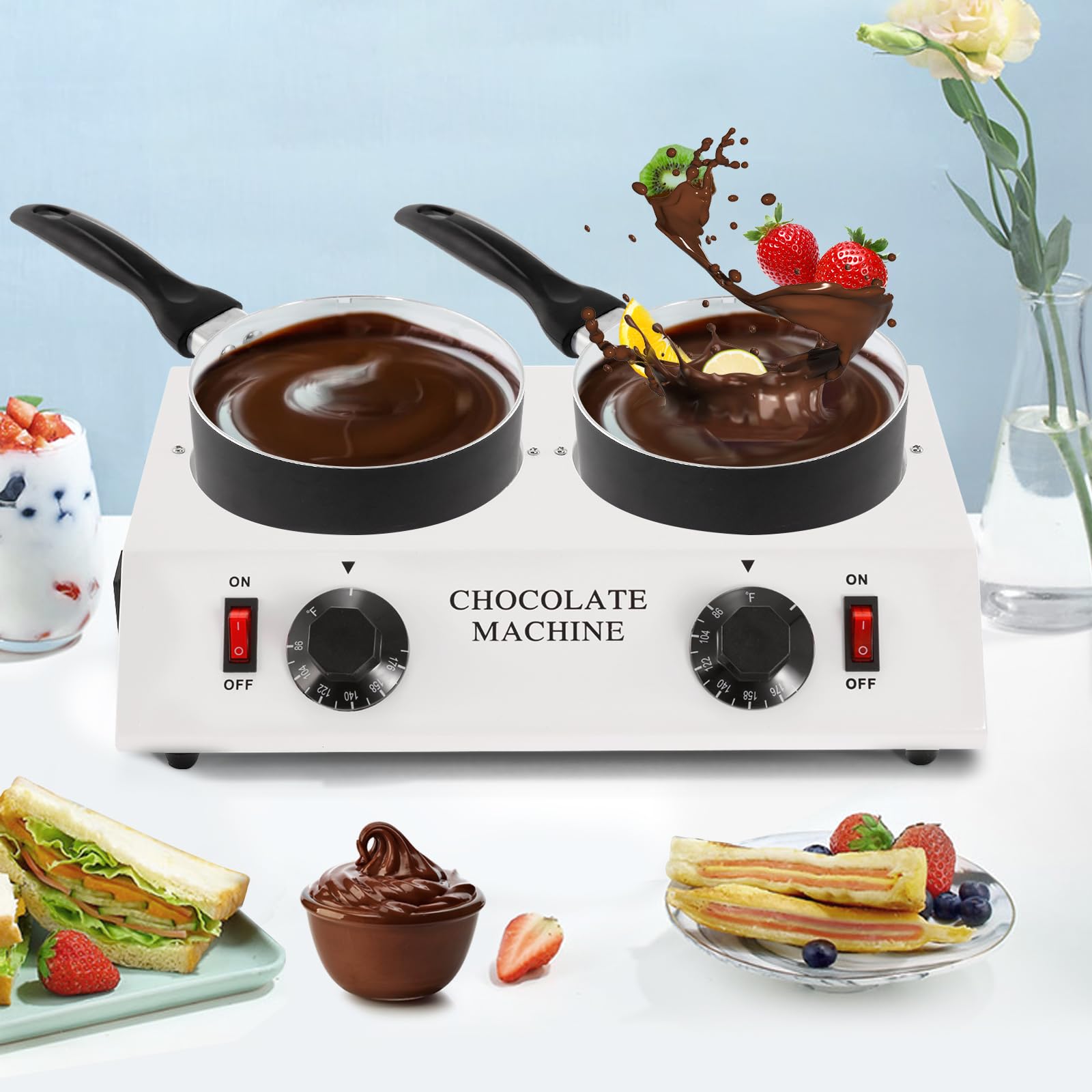 WICHEMI Electric Chocolate Melting Pot - Double Pots Chocolate Warmer & Tempering Machine for Home & Commercial Use - Perfect for Melting Chocolate, Butter, Cheese, Cream, Candy & Milk - Ideal for Baking, Candy Making, Fondue & Dessert Preparation