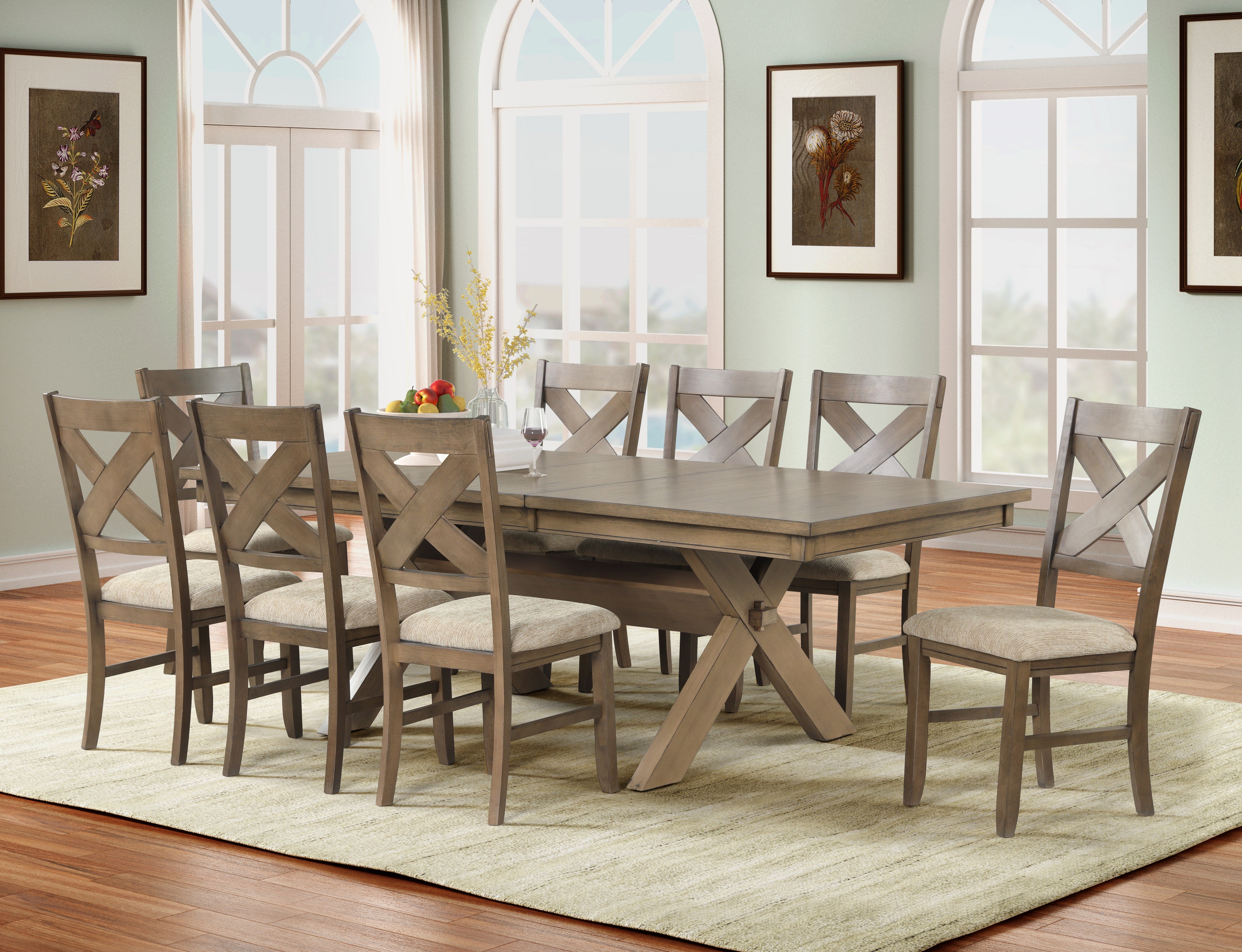 Raven Wood 9-Piece Extendable Trestle Dining Table Set with 8 Chairs in Glazed Pine Brown - Perfect for Family Gatherings, Dinner Parties, and Farmhouse-Style Dining Rooms