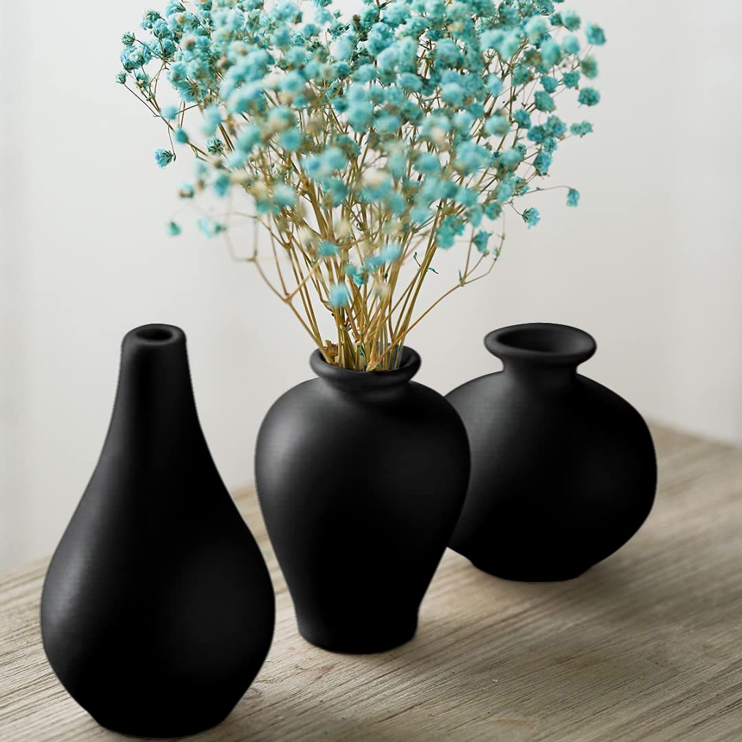 3-Piece Black Ceramic Bud Vase Set - Small Round Decorative Vases for Wedding, Shelf & Home Decor - Perfect for Pampas Grass, Fresh Flowers & Centerpieces