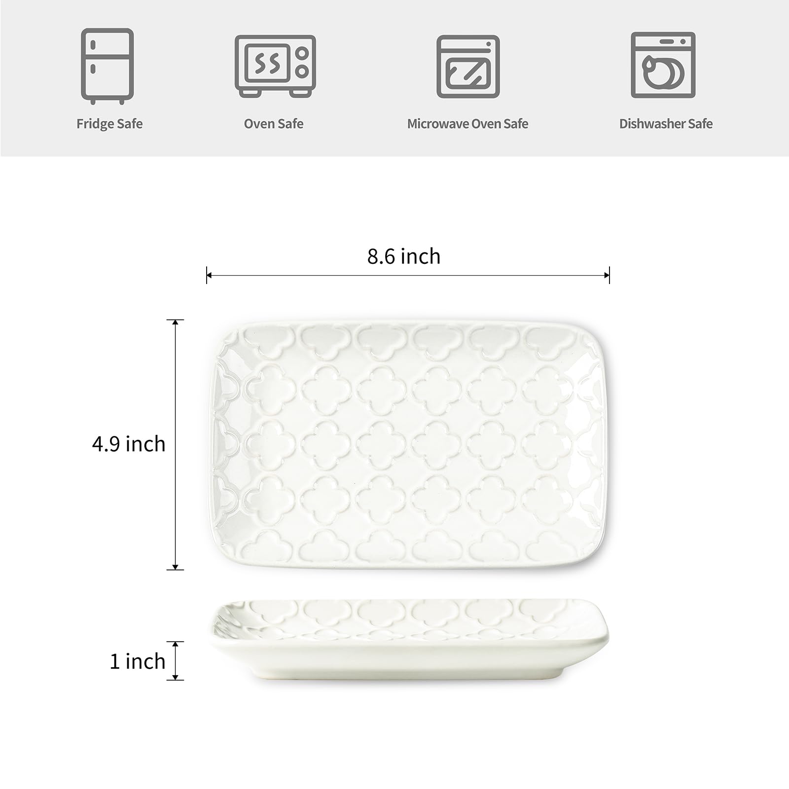 Sureasy 8 Inch Rectangular Ceramic Salad Plates - Set of 4 White Embossed Porcelain Appetizer Dishes for Dessert, Sushi & Small Serving | Perfect for Dinner Parties, Entertaining & Home Decor