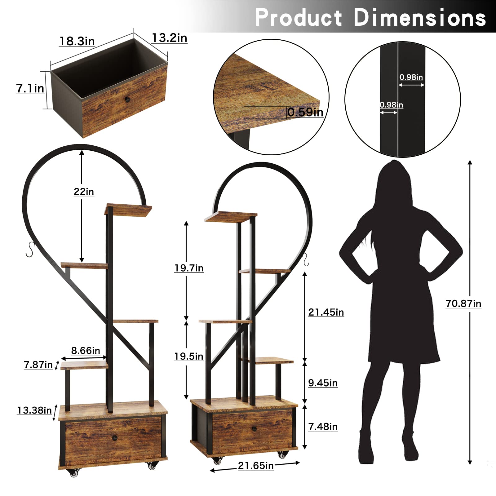 5-Tier Tall Heart-Shaped Metal Plant Stand with Wheels & Hanging Hooks - Rustic Brown Indoor Plant Shelf for Living Room, Balcony, Garden - Farmhouse Style Wooden Plant Display (2 Pack) - Perfect for Small Space Decor & Vertical Gardening