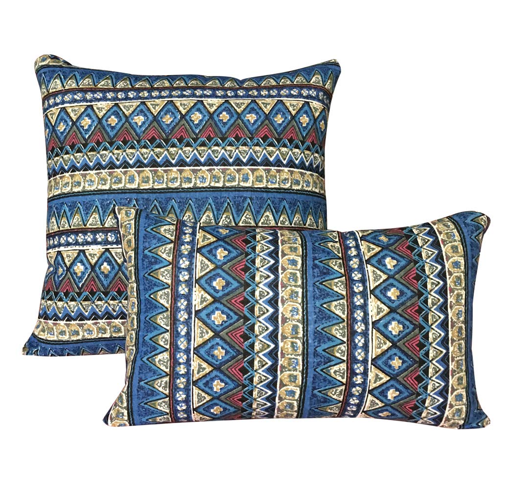 Folk Style Cotton Linen Square Throw Pillow - Overfilled Fluffy Microfiber Decorative Cushion (12x20 Inches, Blue) - Perfect for Sofa, Bed, Chair & Home Decor