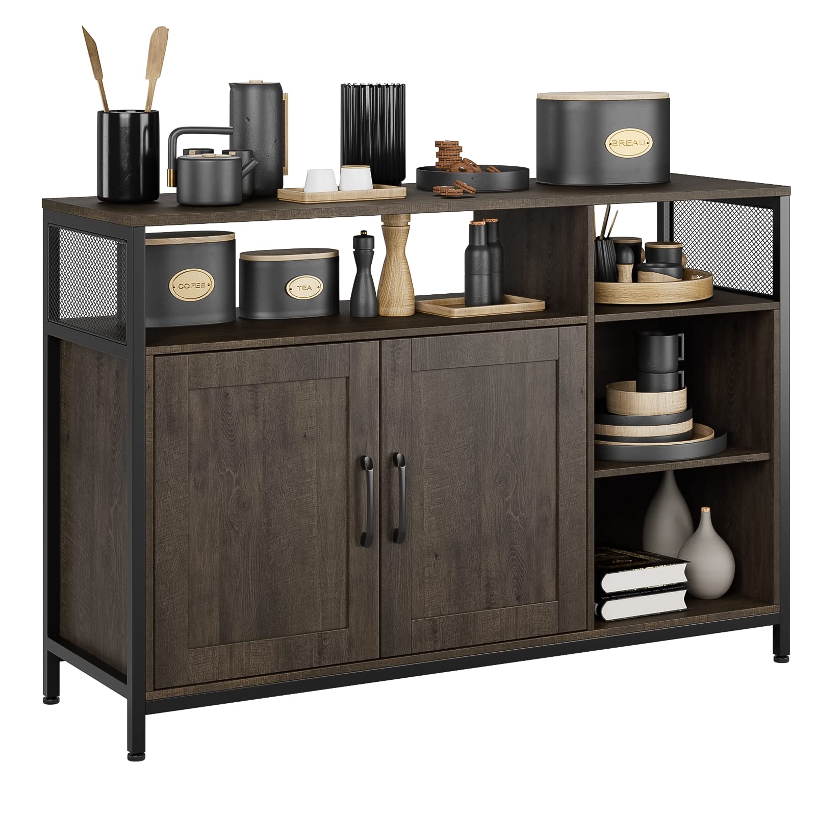 HITHOS Wooden Kitchen Buffet Cabinet with Storage - Industrial Style Accent Sideboard for Dining & Living Room - Dark Brown Floor Cabinet with Doors & Shelves | Perfect for Home Decor, Entertaining & Extra Storage