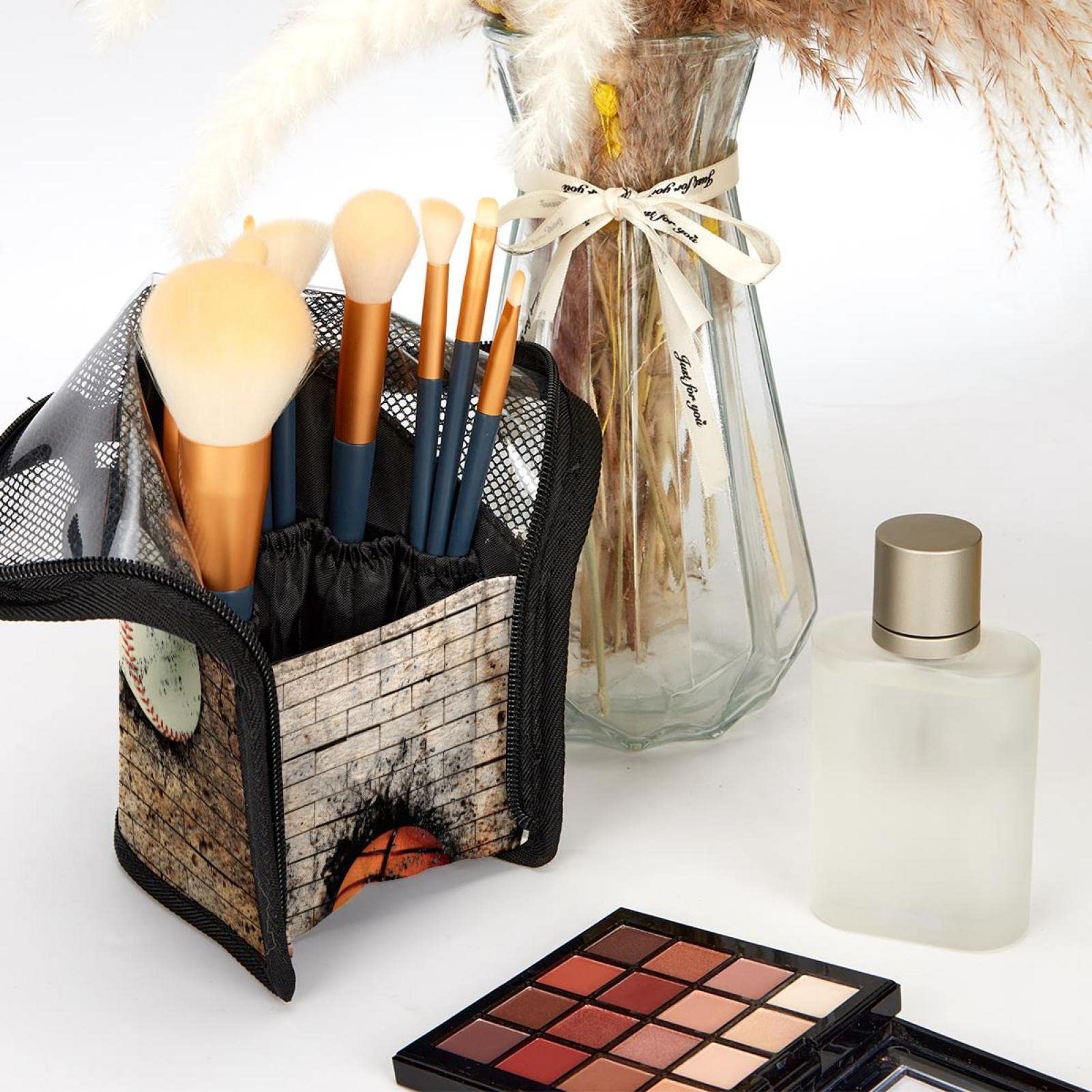 12-Slot Makeup Brush Organizer Bag - Portable Cosmetic Brush Holder Case for Travel, Basketball, Football, Baseball Fans | Perfect for Makeup Artists & Sports Enthusiasts