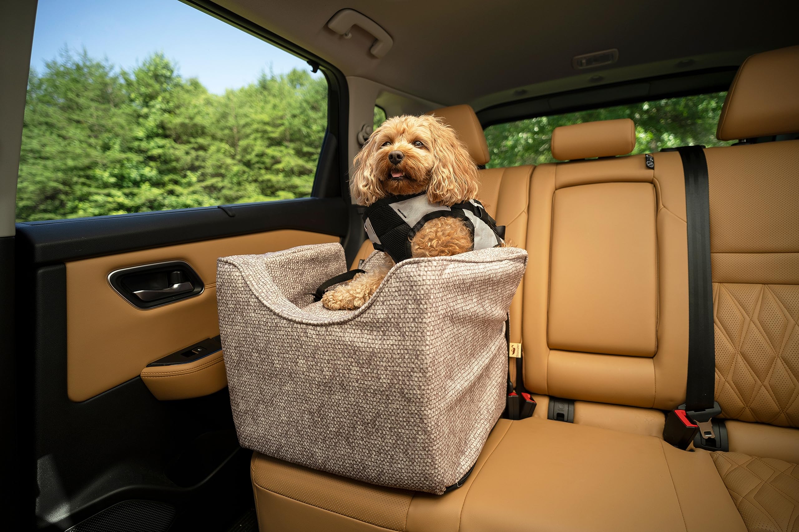 Snoozer Lookout Dog Booster Car Seat for Small Dogs 5-15 lbs - Merlin Linen Fabric Pet Car Seat to Prevent Motion Sickness - Removable & Machine Washable Cover - Perfect for Road Trips & Vet Visits