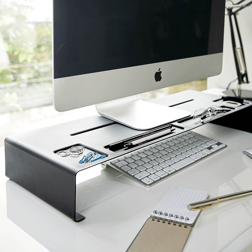 YAMAZAKI Black Monitor Stand Riser with Storage Shelf - Ergonomic Computer Desk Organizer for Home Office, Gaming Setup, and Workspace Efficiency