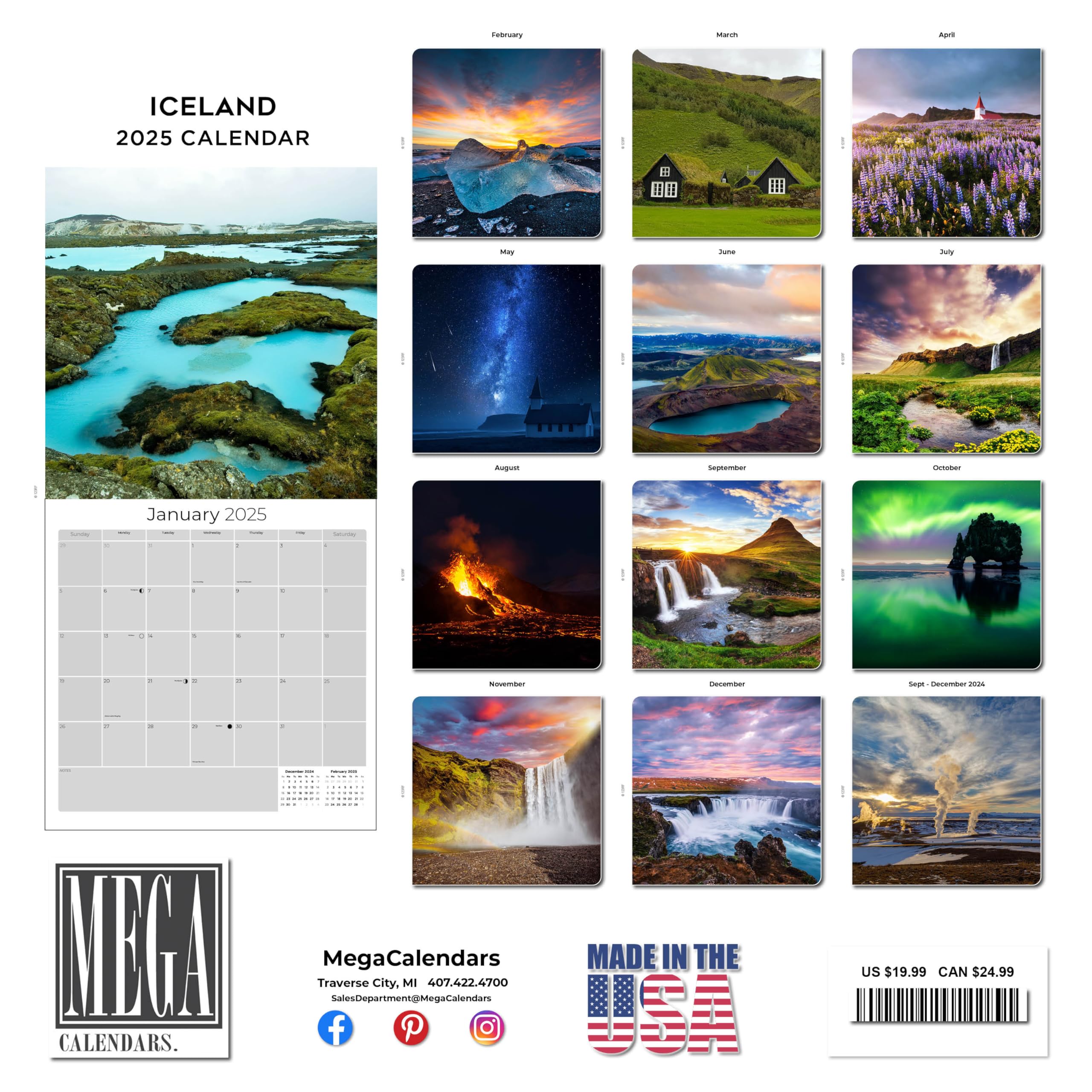 2024-2025 Iceland Monthly Wall Calendar with Nordic Travel Design - 12