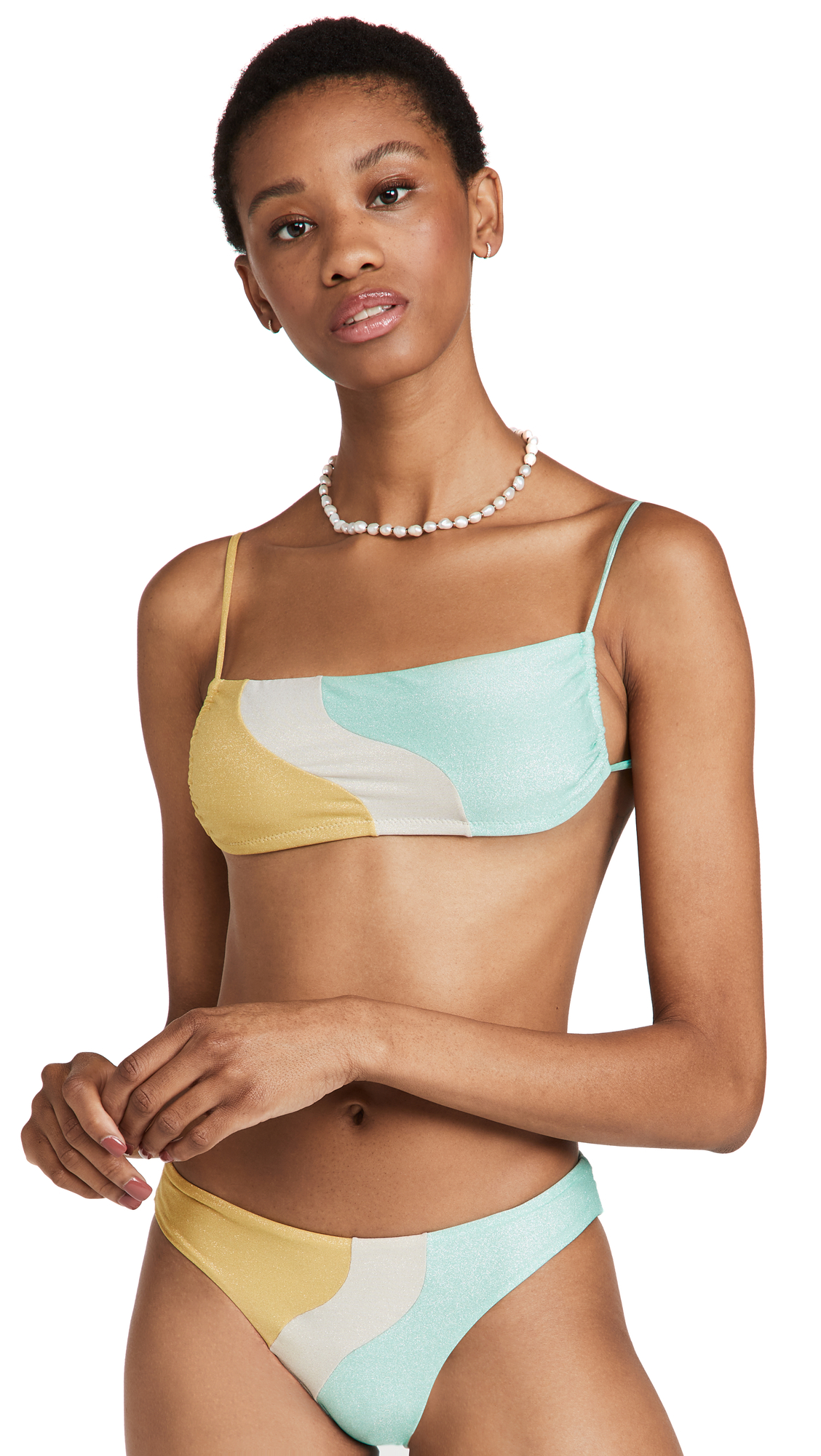 PQ Swim Women's Luna Wave Metallic Square Top Bikini Swimwear - Green | High Waisted Bikini Set for Beach, Pool & Summer Vacation