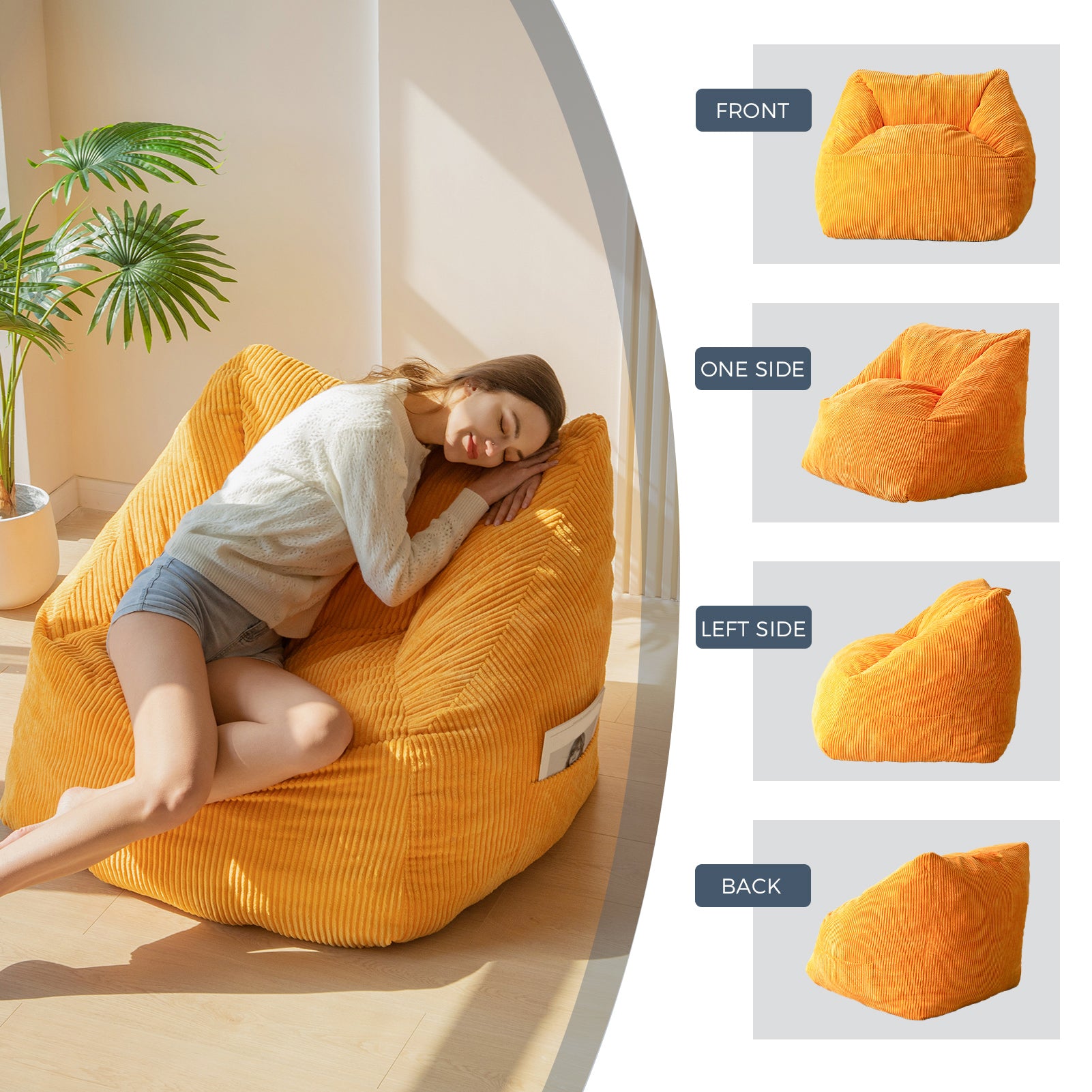 MAXYOYO Bean Bag Chair with Handle & Pocket - Soft Floor Sofa for Teens, Gaming, Reading & Relaxing - Perfect for Living Room, Bedroom & Dorm (Orange)