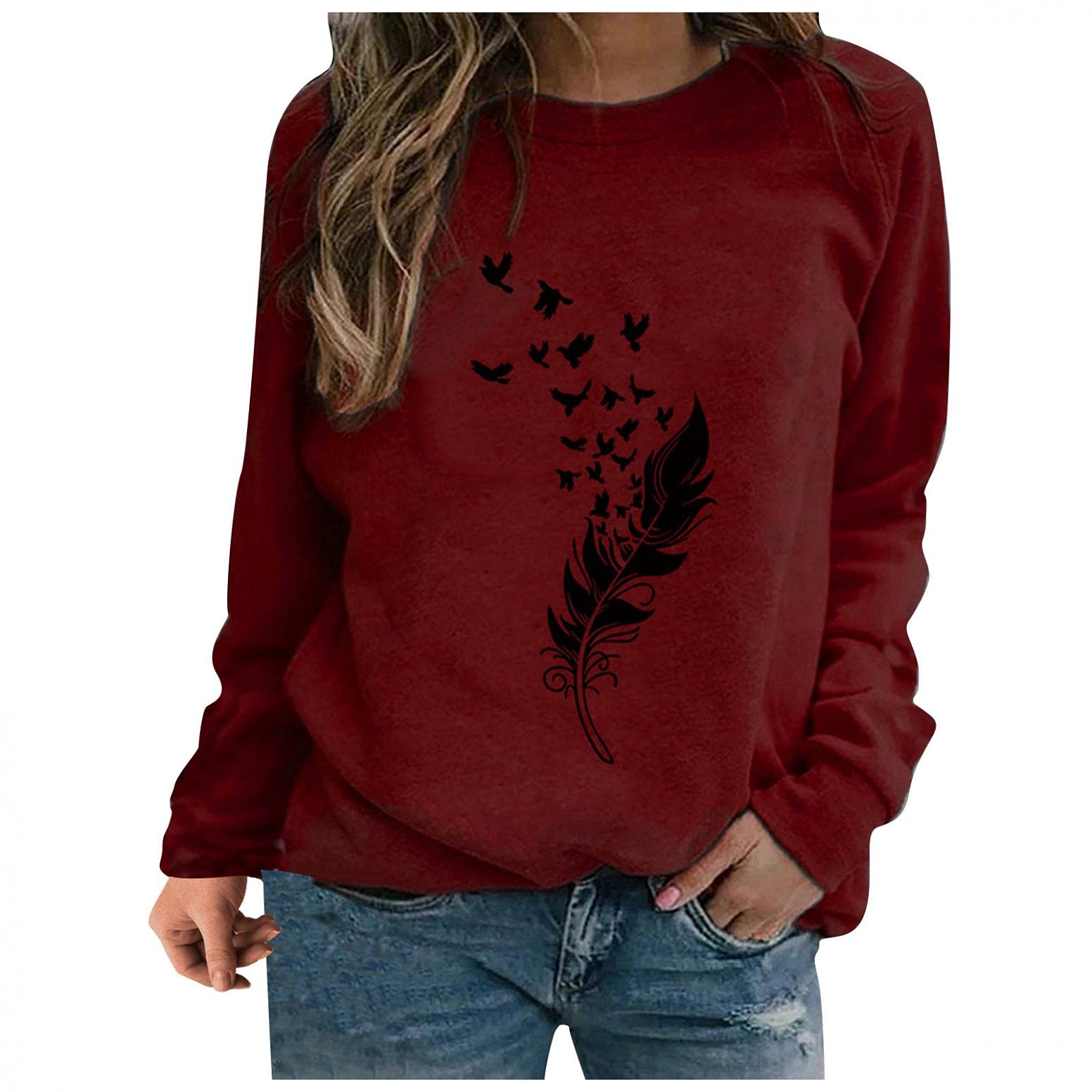 Women's Long Sleeve Casual Shirts - Feather Graphic Printed Blouse Tunic Tops for Everyday Wear, Office & Date Night Outfits