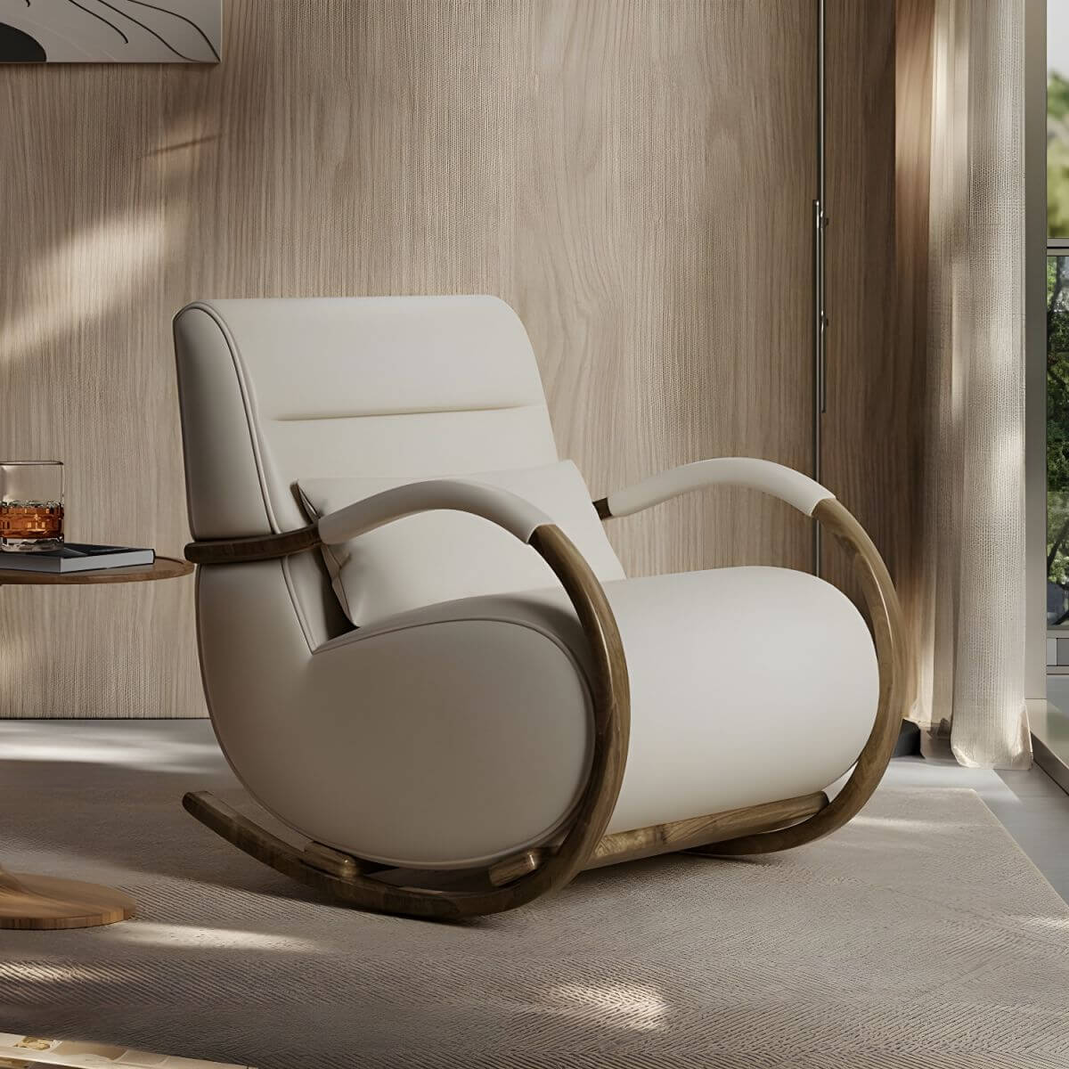 Modern Brown Wood Indoor Rocking Chair with Spindle Back & Water-Resistant Seat - Perfect for Nursery, Living Room & Relaxation
