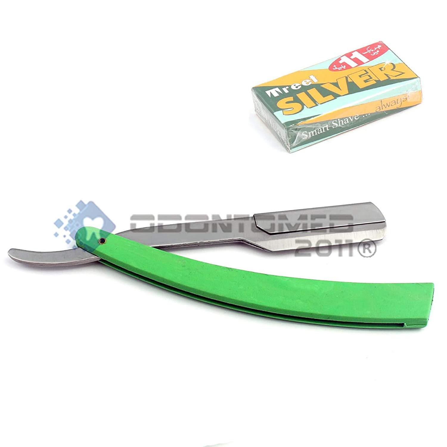 OdontoMed2011® Professional Manual Folding Shaving Knife - Straight Edge Barber Razor with 11 Blades for Beard Trimming & Grooming | Perfect for Home Use & Professional Barbers (Green)
