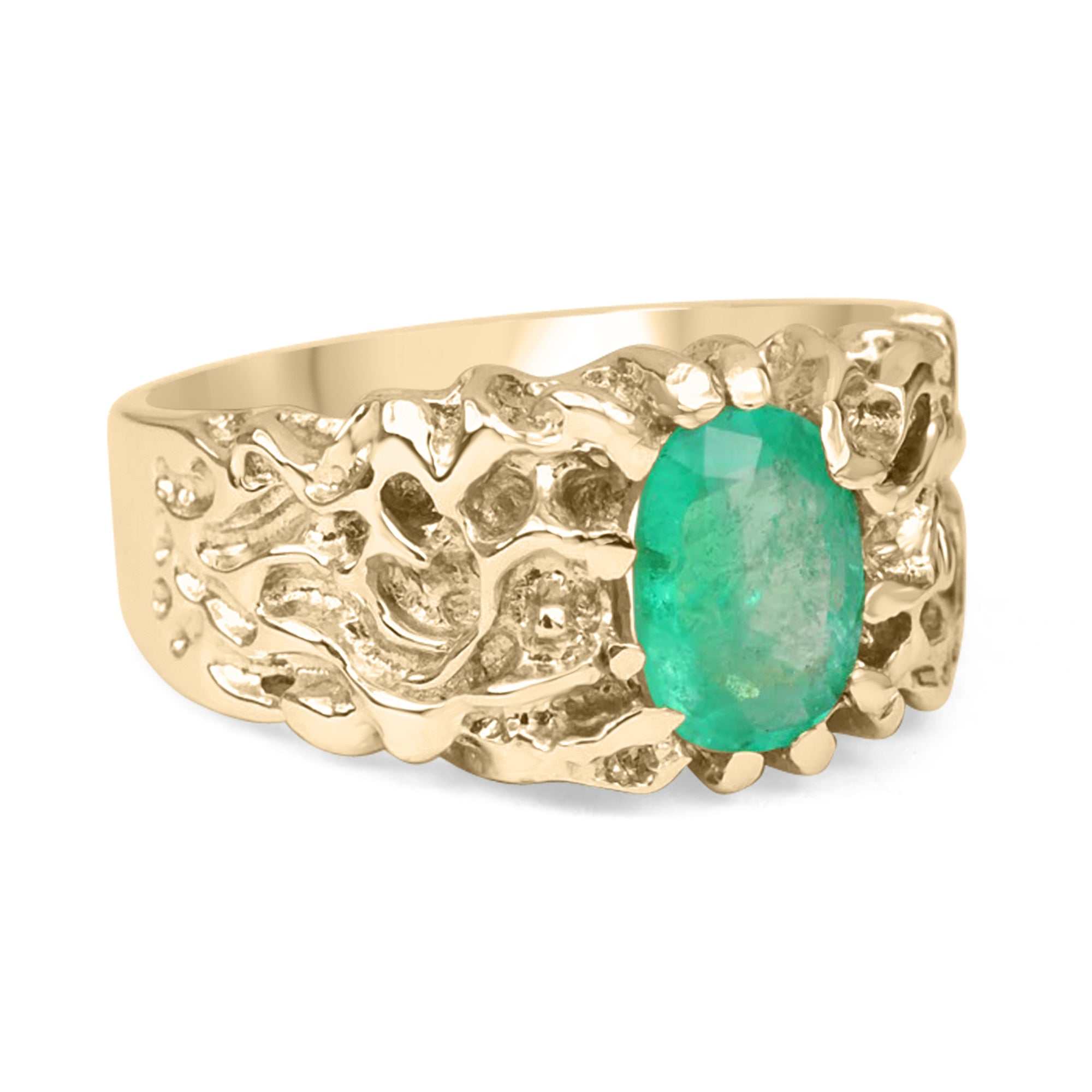 1.50 Carat Genuine Emerald Oval Cut Solitaire Men's 14K Gold Nugget Ring - Perfect for Weddings, Anniversaries & Special Occasions