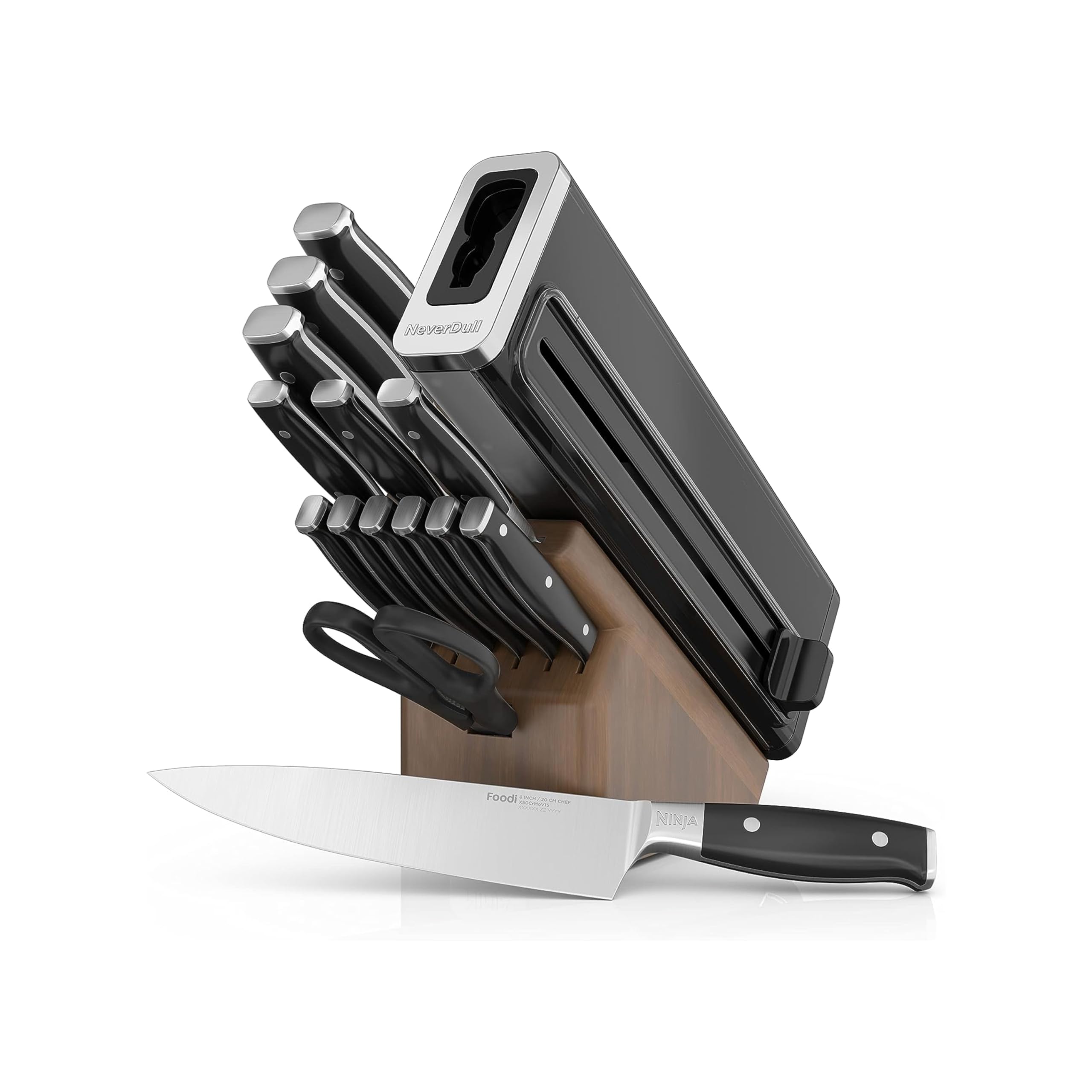 Ninja K52015 Foodi NeverDull 15-Piece Premium Knife Set with Wood Block - German Stainless Steel Kitchen Knives with Built-in Sharpener (Stainless Steel/Walnut) - Perfect for Home Chefs, Cooking Enthusiasts & Professional Kitchens