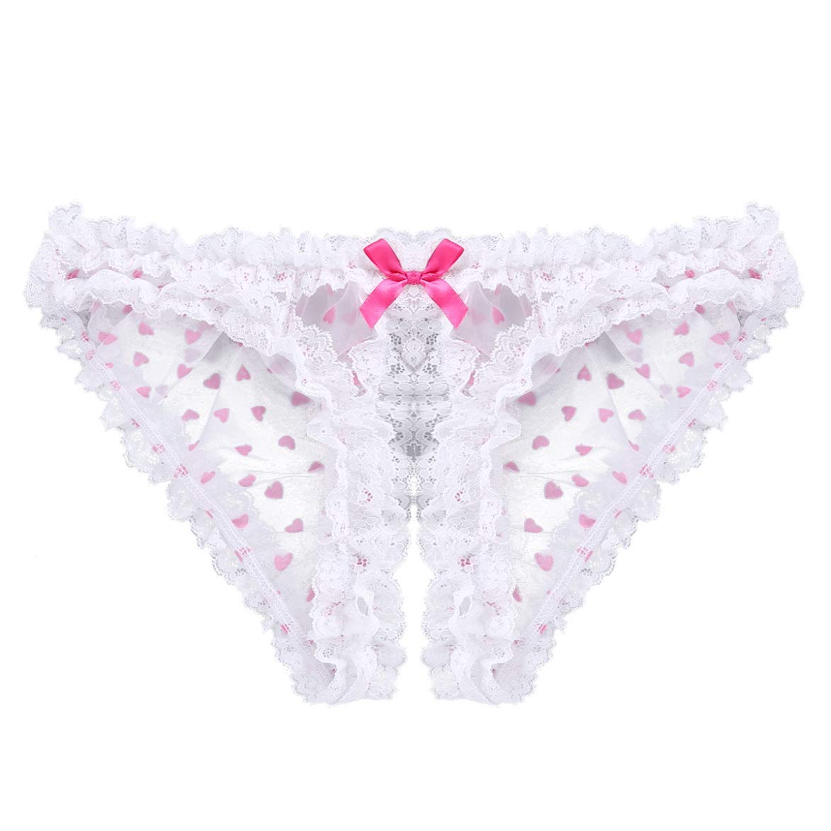 Men's Sheer Lace Panties with Heart Print - Crossdress Lingerie, Ruffled Bikini Briefs for Sissy & Gay Underwear - Perfect for Role Play, Cosplay and Special Occasions