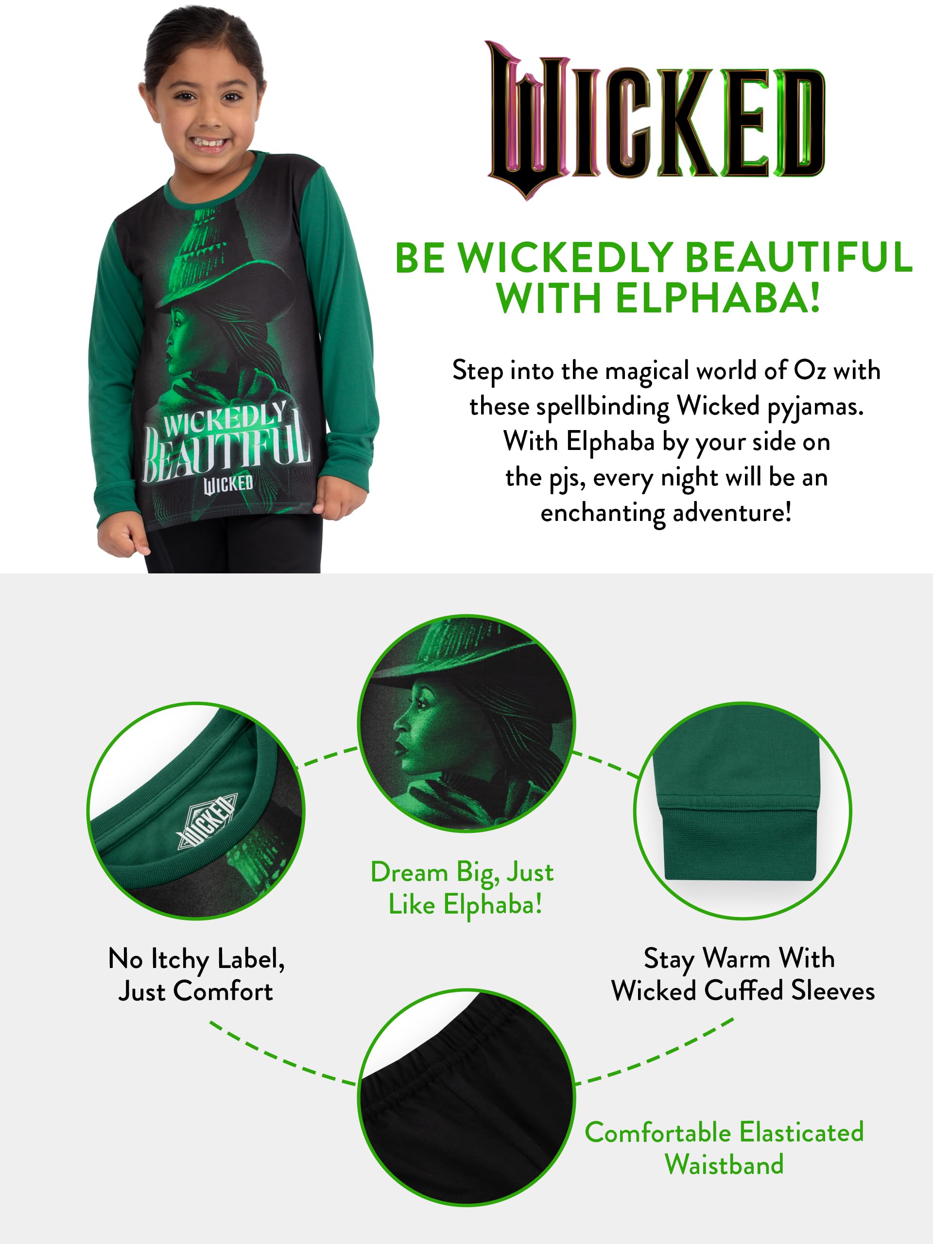 Wicked Pajamas for Girls | Elphaba Themed Long Sleeve Pajama Set | Soft & Comfortable Sleepwear | Perfect for Halloween Costumes, Birthday Gifts & Sleepovers