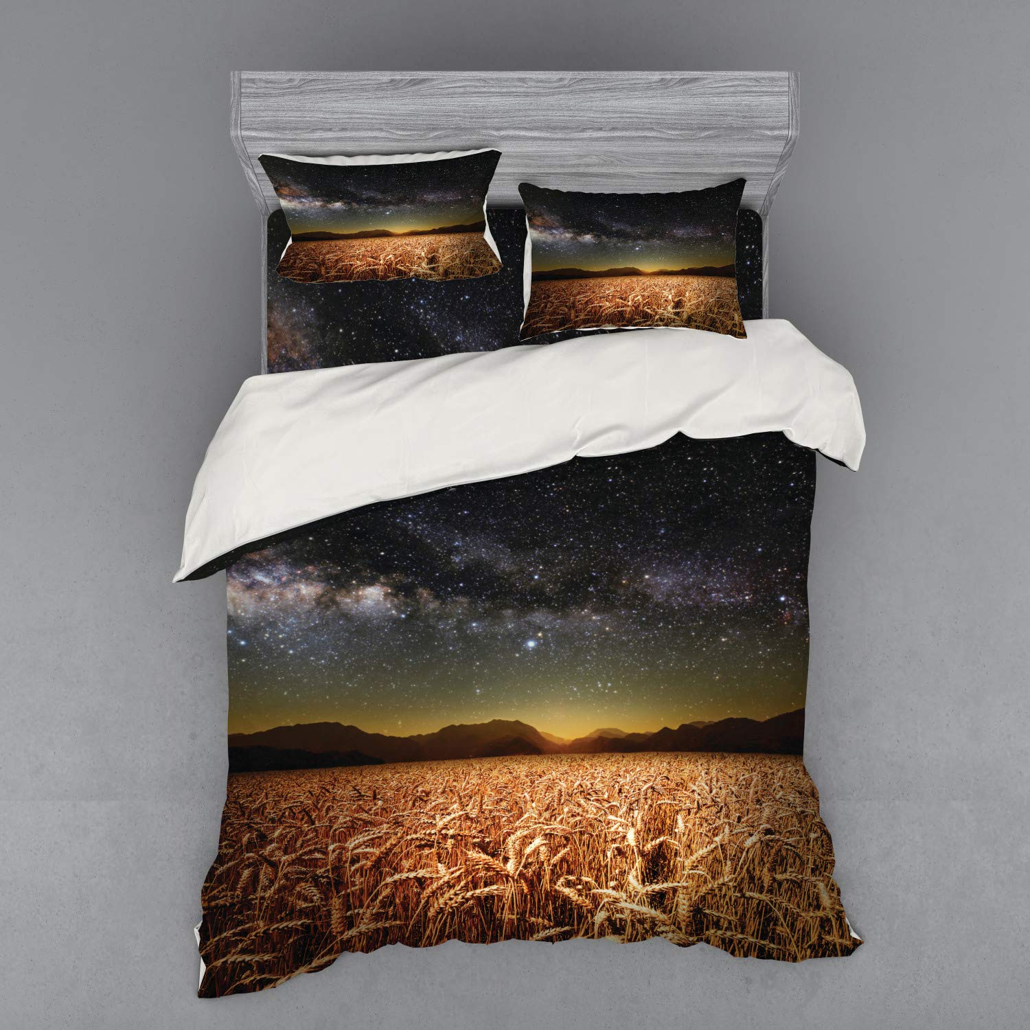 Ambesonne Space Duvet Cover Set - Wheat Field Meadow Under Star Clusters Twilight Harvest Rural Art Print | 4-Piece Bedding Set with Shams & Fitted Sheet | Queen Size | Tan Grey | Perfect for Astronomy Lovers & Farmhouse Decor