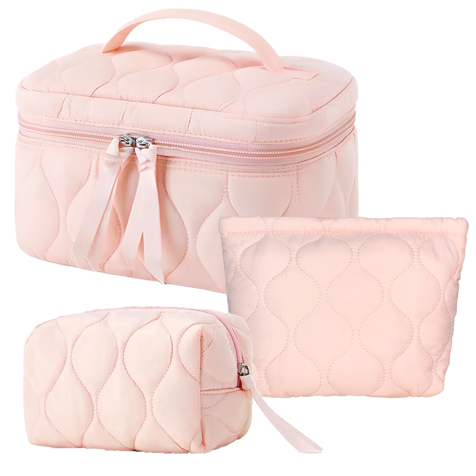 3 PCS Quilted Makeup Bag Set - Small Medium Large Cosmetic Organizer for Women & Girls, Cute Puffy Travel Toiletry Bags in Pink - Perfect for Travel, Gym, and Daily Beauty Storage