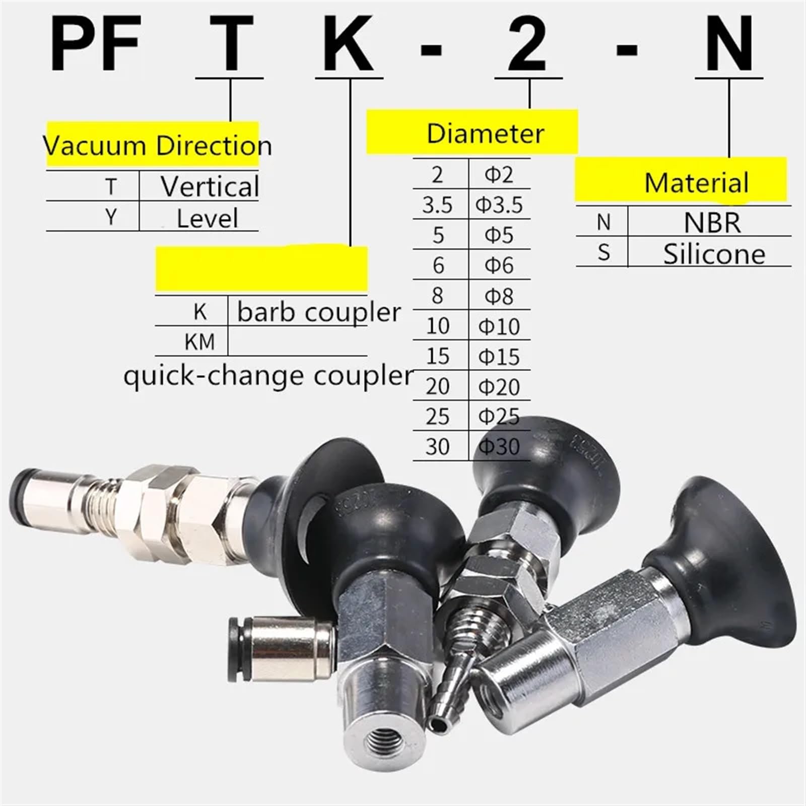 PFTK Series Vertical Vacuum Suction Cup with Adapter - PFTK-15 Silicone Pad (Size S) for Industrial Automation, Material Handling & Packaging Applications