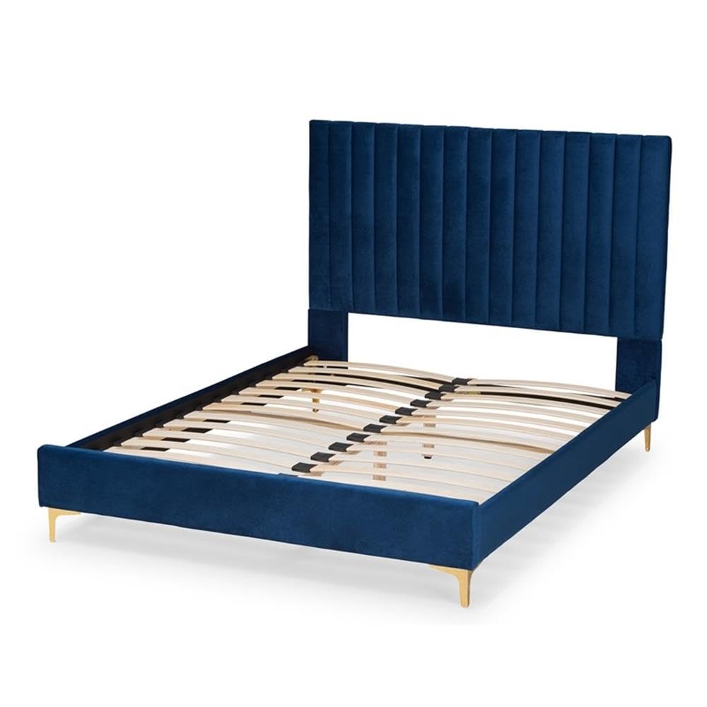 Baxton Studio Serrano Contemporary Queen Size Platform Bed - Navy Blue Velvet Upholstery with Gold Metal Frame | Luxurious Bedroom Furniture for Modern Home Decor