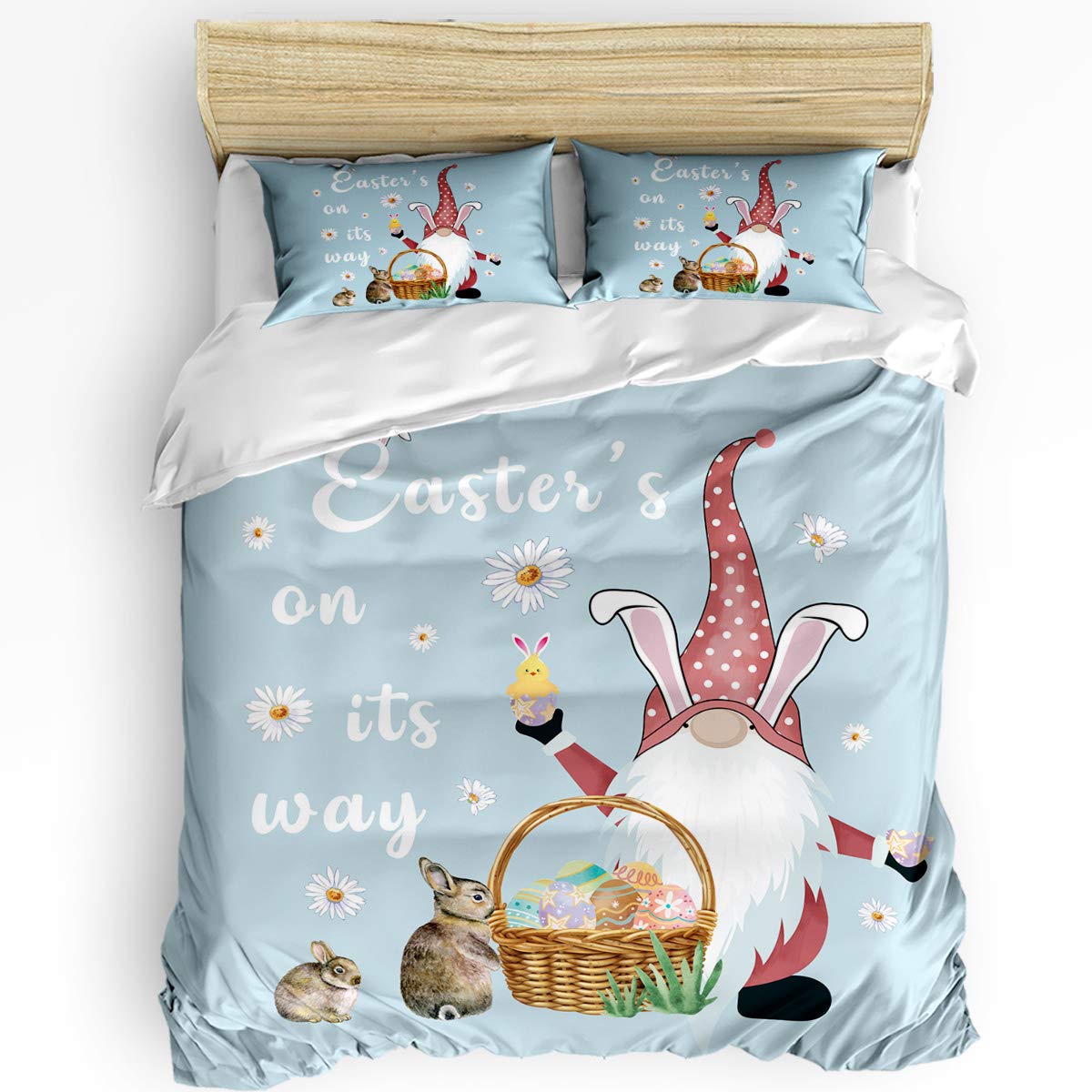 HELLOWINK 3-Piece Queen Size Duvet Cover Set - Happy Easter Gnome & Bunny Egg Floral Design with 2 Pillow Shams | Lightweight Soft Bedding for Spring Decor, Guest Room & Cozy Bedroom Makeover