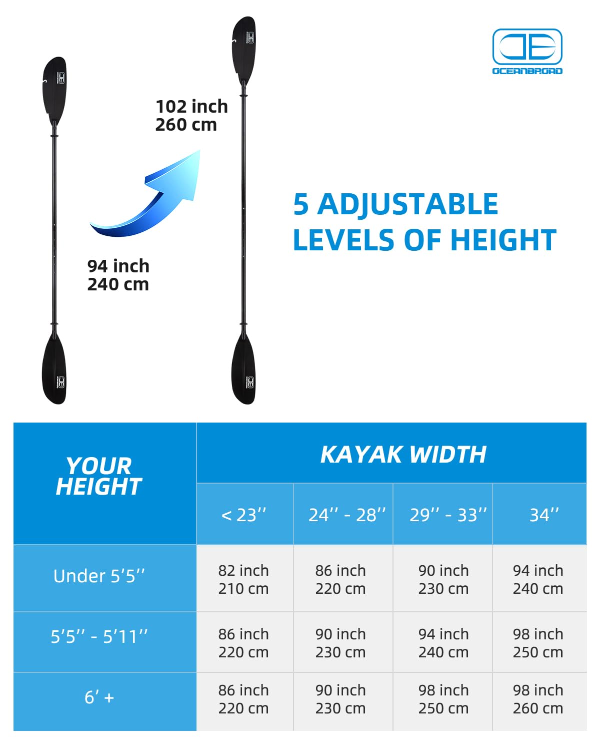 OCEANBROAD Adjustable Fishing Kayak Paddle 94-102in (240-260cm) - Lightweight Aluminum Alloy Shaft with Paddle Leash - Perfect for Kayaking, Canoeing & Water Sports