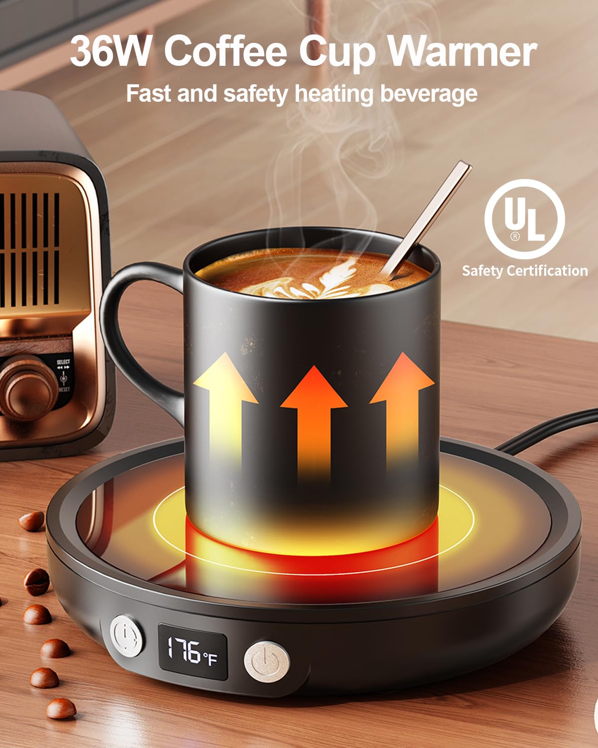 SWEETFULL 36W Mug Warmer with 3-Temperature Settings & 2-12H Timer - Black Coffee Cup Warmer for Desk, Office, Home - Perfect Gift for Coffee Lovers, Women, Men, Mom & Dad - Keep Coffee, Tea, or Hot Chocolate Warm While Working or Relaxing