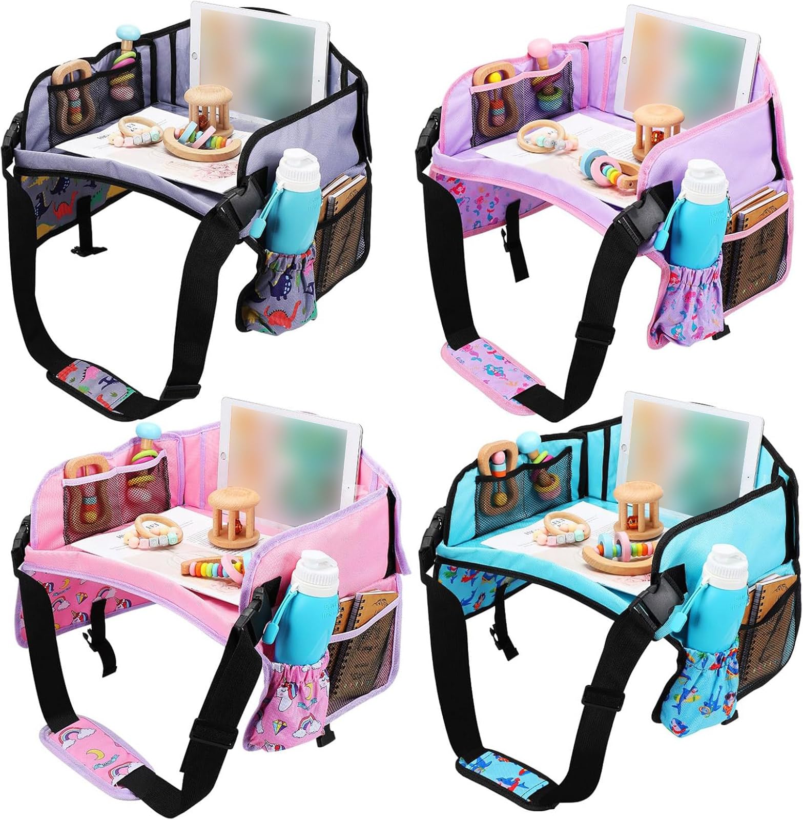 Sanwuta 4 Pack Travel Tray - Unicorn & Mermaid Themed Car Seat Tray Table with No-Drop Tablet Holder | Portable Road Trip Desk Organizer for Kids Activities | Perfect for Long Car Rides, Airplane Travel & Backseat Entertainment