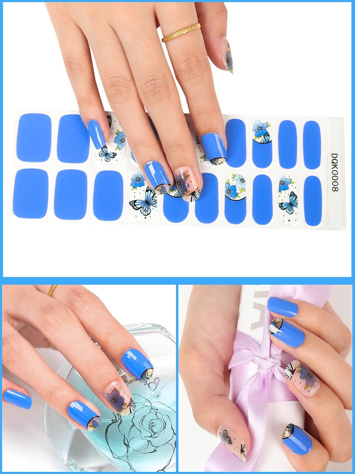 20PCS Semi-Cured Gel Nail Polish Strips - Blue Butterfly Self-Adhesive Nail Art Wraps, Waterproof DIY Nail Stickers for Women & Girls (UV/LED Light Required) | Perfect for Home Manicures, Parties, Weddings & Special Occasions
