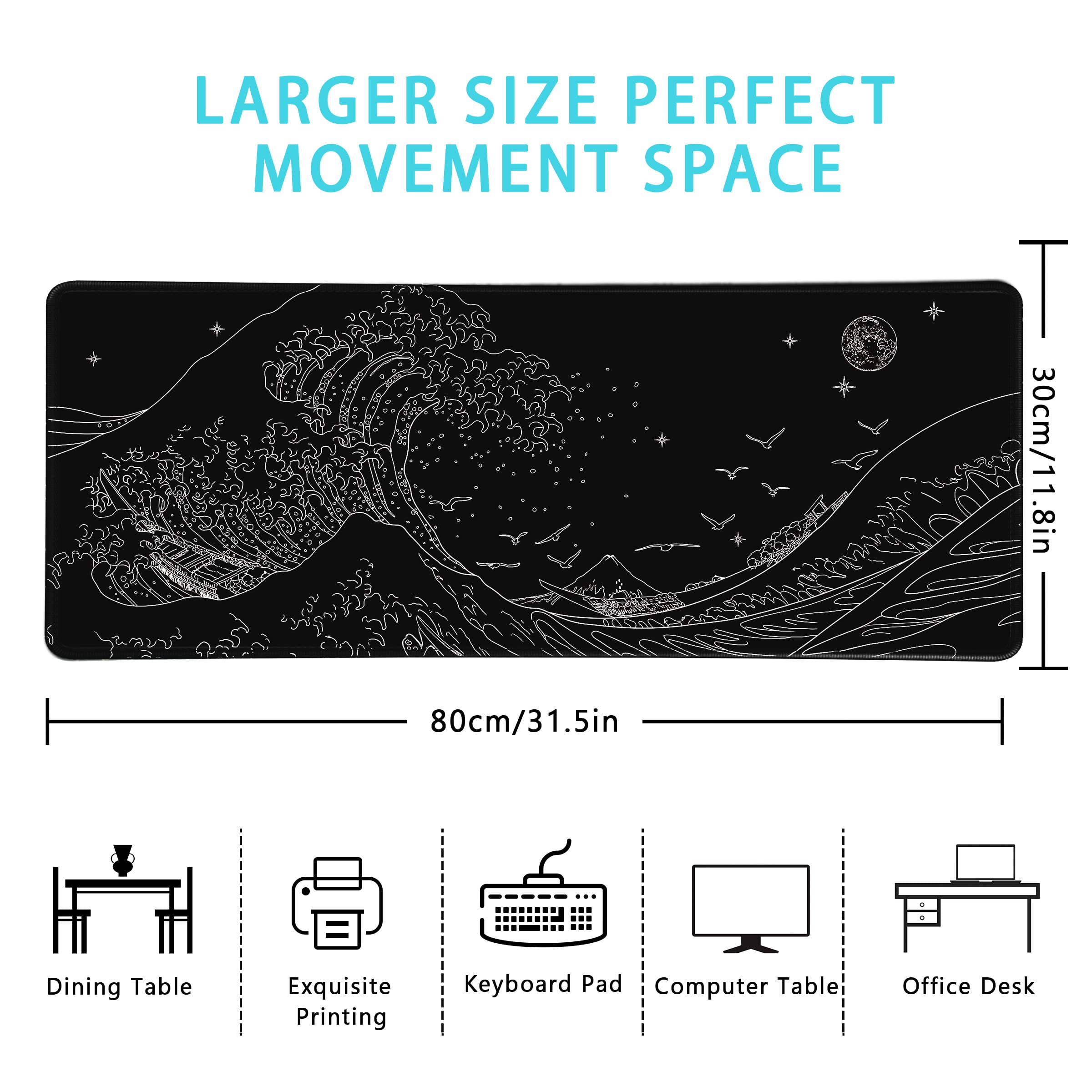 MEWOOCUE® Extra Large Gaming Mouse Pad - 31.5 x 11.9 Inch Black Japanese Wave Design, Non-Slip Waterproof Keyboard & Mouse Mat for PC, Laptop, Office & Home Use - Perfect for Gamers & Anime Fans