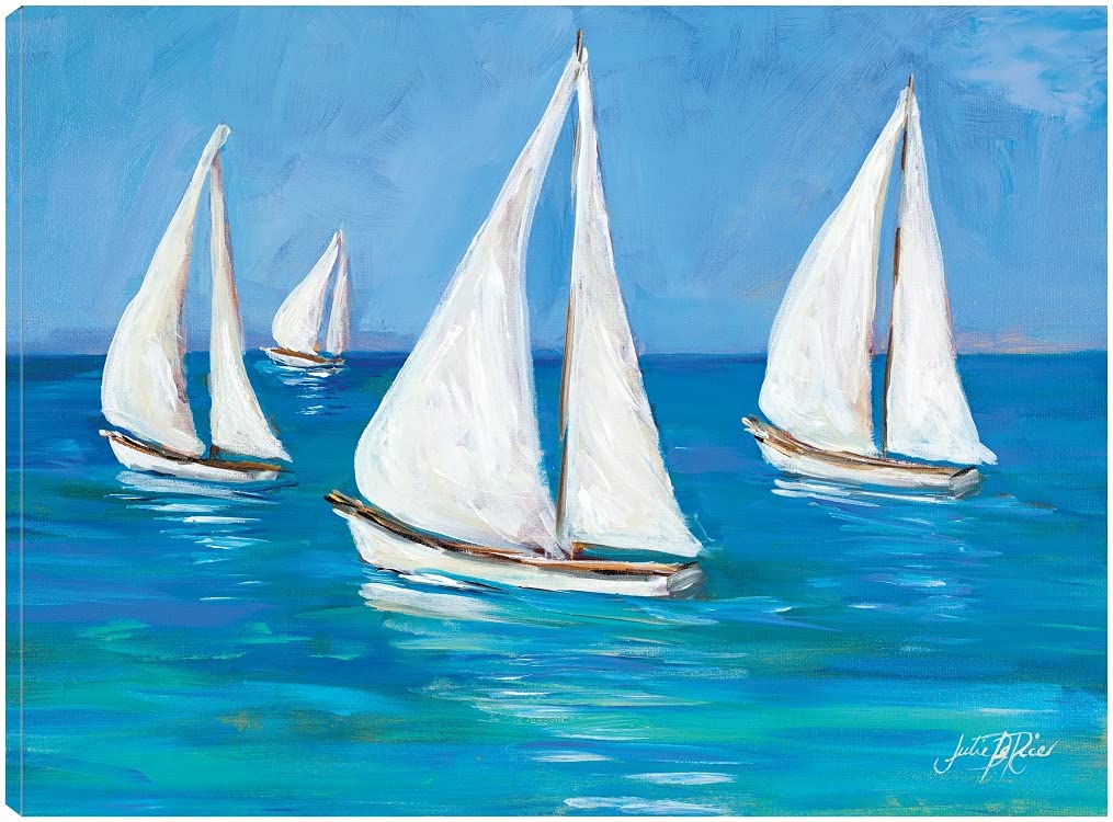 Hand-Painted Sailboat Canvas Art Wall Decor by Julie DeRice - 32x24 Inch Ready to Hang Painting for Living Room, Bedroom, Bathroom & Office - Coastal Nautical Theme Home Decor Perfect for Beach Houses & Seaside Themed Spaces