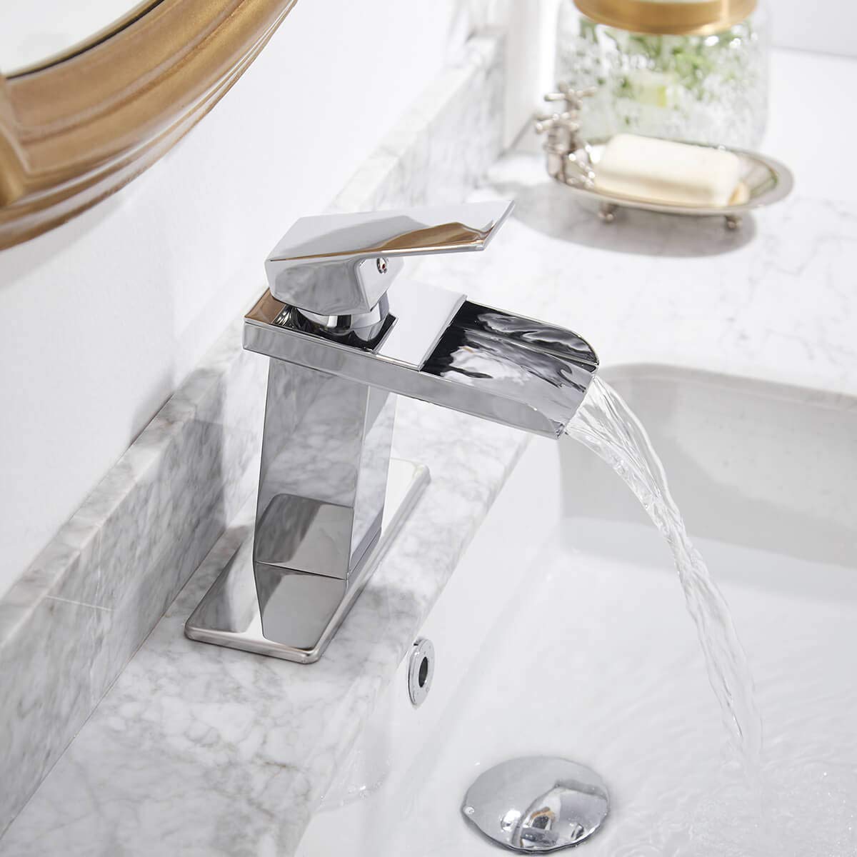 Modern Chrome Single Handle Waterfall Bathroom Faucet - 1 Hole Vanity Sink Faucet with Brass Pop Up Drain & Supply Lines - Perfect for Home Bathroom, RV Lavatory & Contemporary Decor