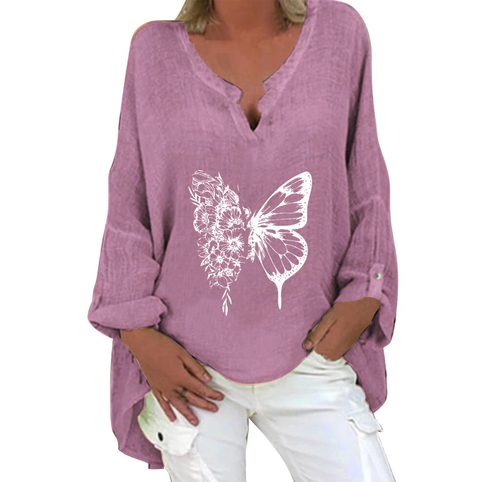 UOKNICE Women's Cotton Linen V-Neck T-Shirt - Spring/Fall Casual Blouse