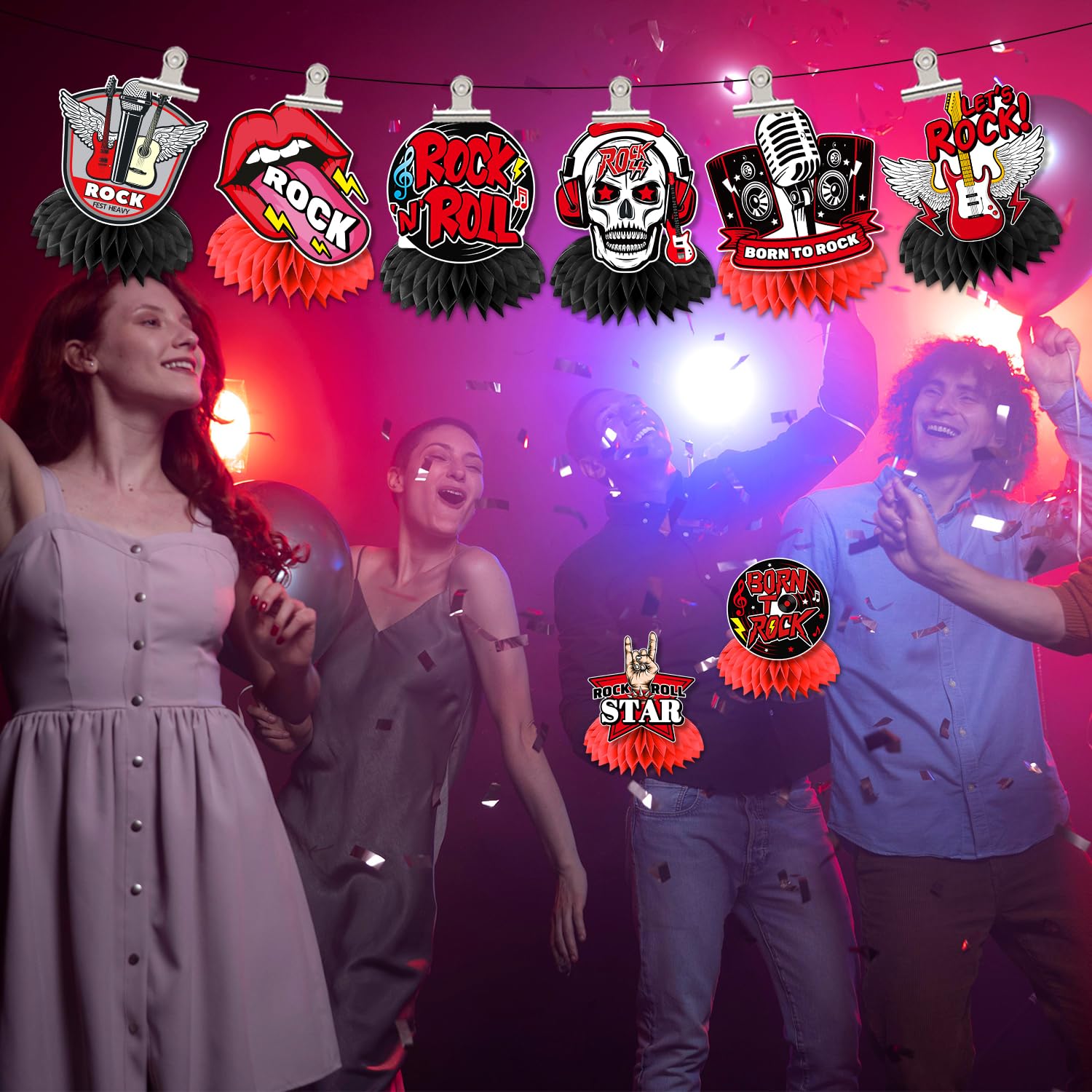 8 Pcs Rock and Roll Party Decorations - 3D Double-Sided Honeycomb Centerpieces for Table, Born to Rock Theme Party Supplies | Perfect for Birthday, Anniversary, and Music-Themed Events