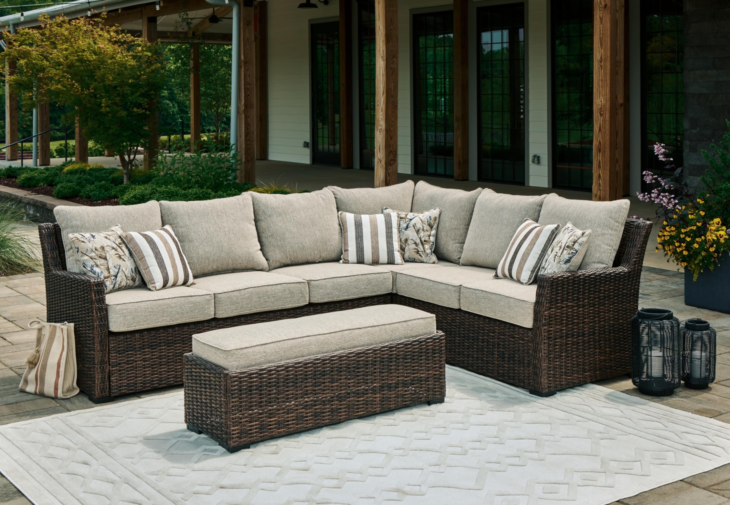 Ashley Brook Ranch Weather-Resistant Outdoor Sofa Sectional Set - Right-Hand Facing 3-Piece Bench with Cushions & 6 Throw Pillows in Beige & Dark Brown | Perfect for Patio, Garden, Poolside & Backyard Relaxation