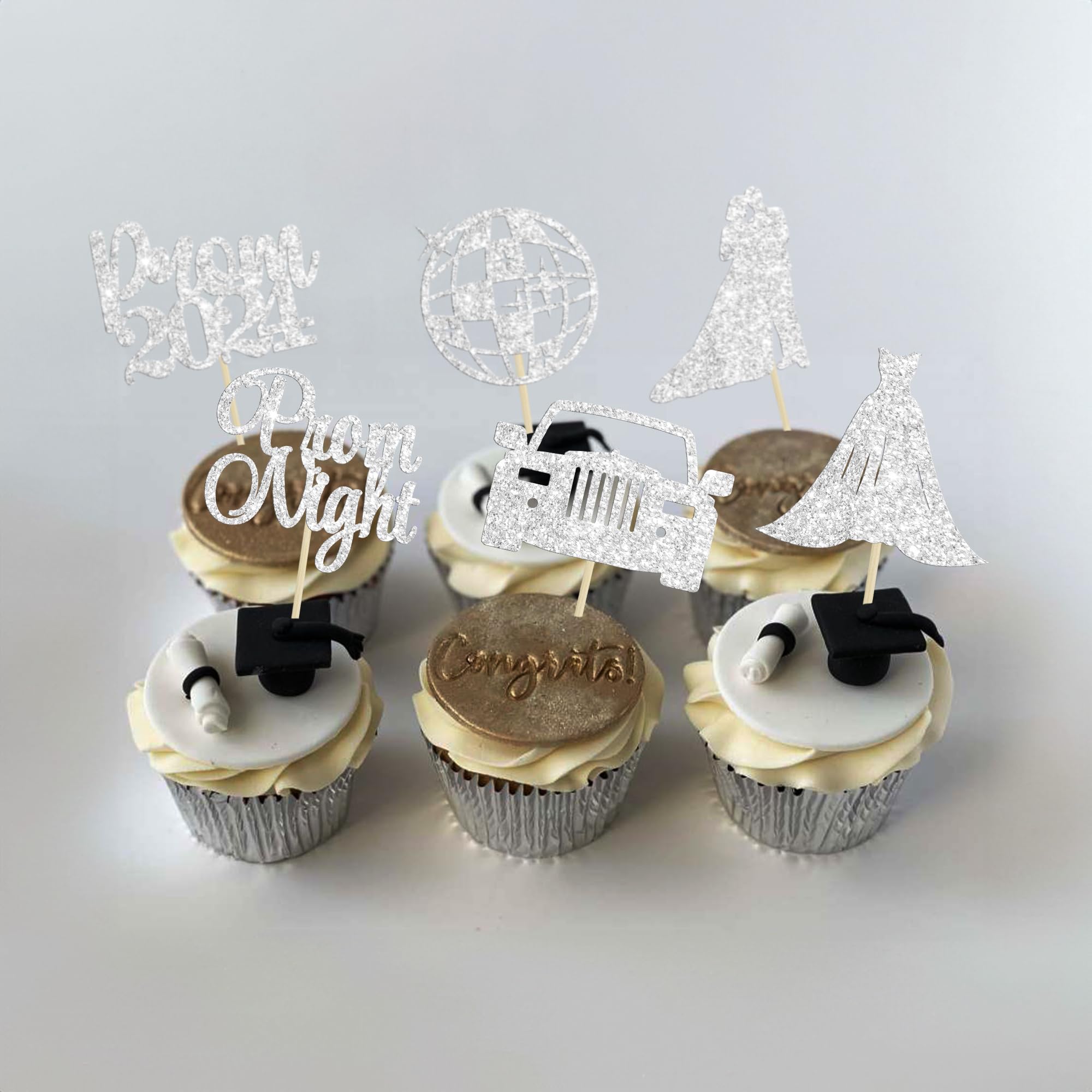 Ephlyn 24Pcs 2025 Graduation Cupcake Toppers - Glitter Prom Cake Decorations for Class of 2025, Silver Shimmer Party Supplies - Perfect for Graduation Ceremonies, Prom Nights & Celebration Cakes