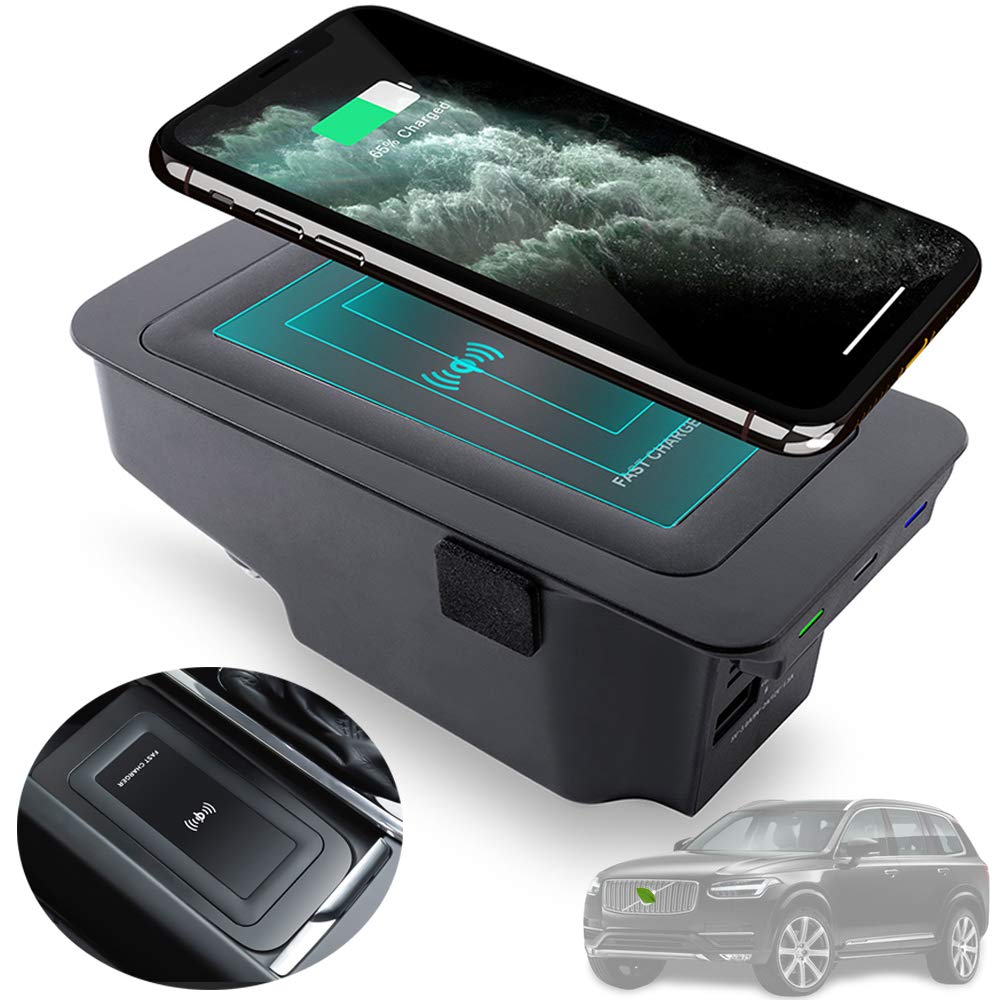 Volvo S90 V90 XC90 XC60 V60 S60 Wireless Car Charger (2020-2019 Models) - 10W Qi Fast Charging Pad with Dual 18W QC3.0 USB Ports for iPhone & Samsung - Perfect for Commuting & Road Trips