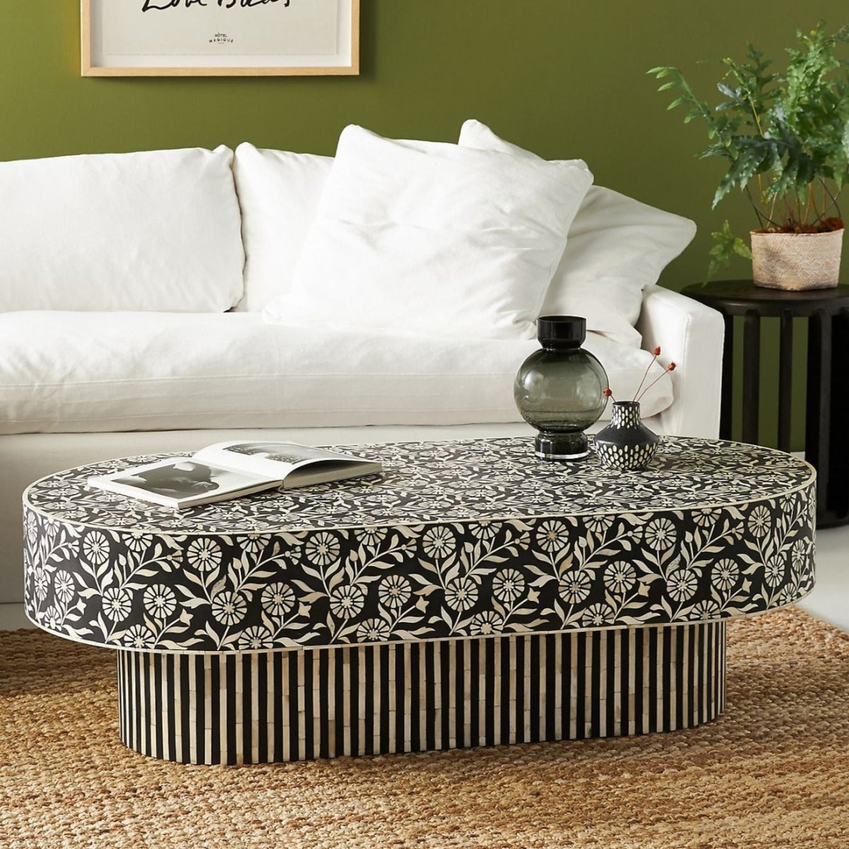 Handmade Bone Inlay Coffee Table - Black & White Floral Design Lalita Style - Perfect for Boho Living Room, Lounge Area & Home Decor