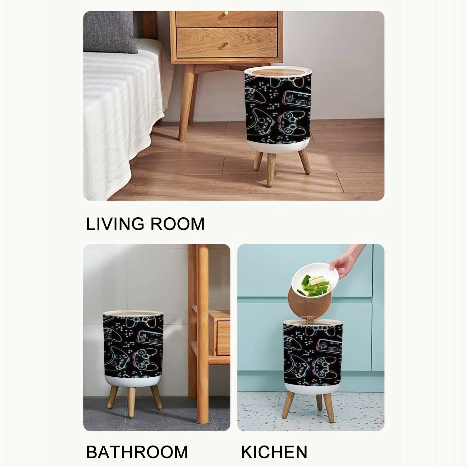 Small Round Trash Can with Lid - 7L/1.8 Gallon Wooden Waste Bin for Bathroom, Bedroom, Kitchen & Nursery - Cute Kawaii Design for Kids & Boys - Perfect for Gaming Rooms, Home Decor & Office Spaces (8.66x14.3 inches)