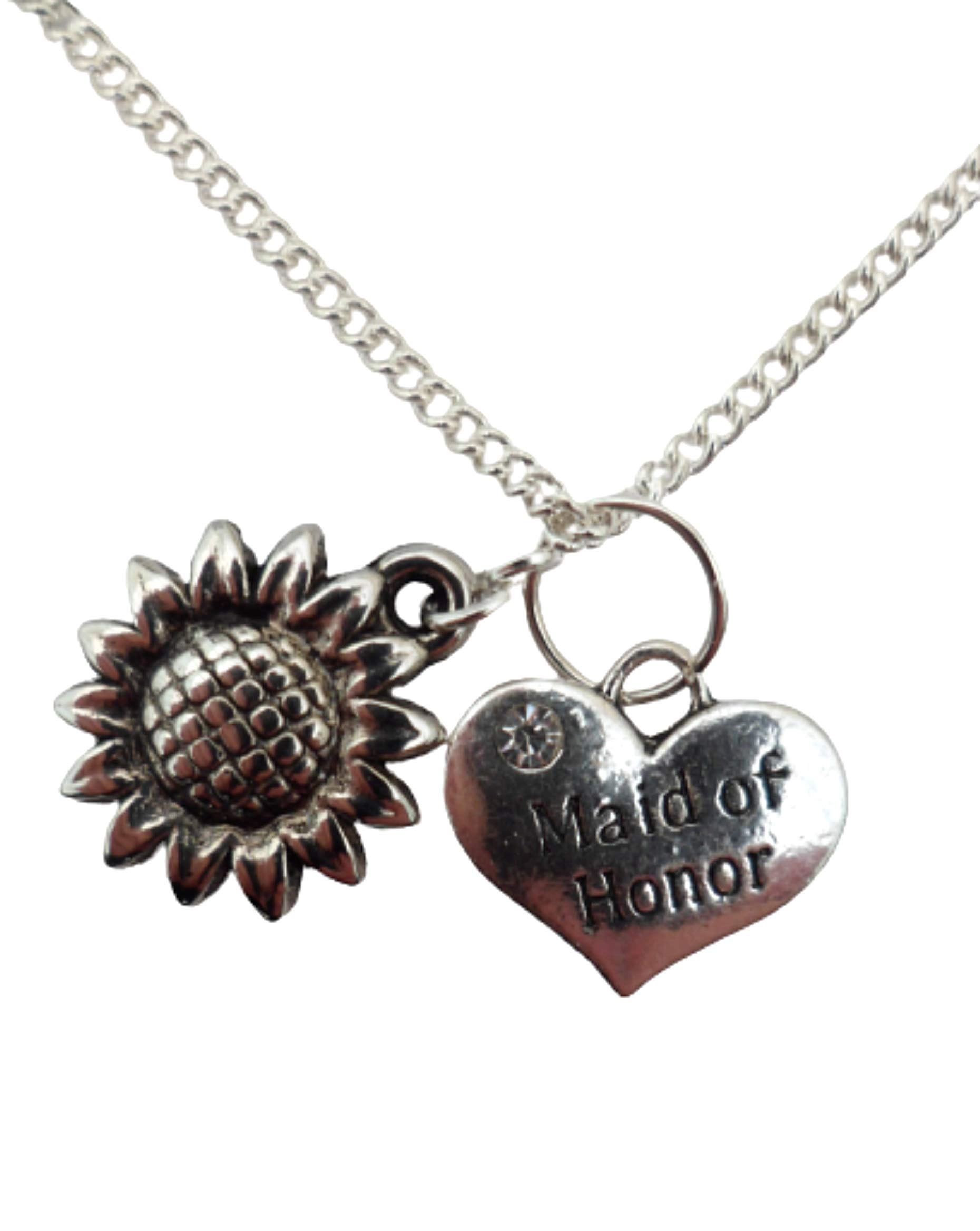 Elegant Silver Plated Necklace with Heart Gem & Sunflower Charm - Perfect for Bridesmaids, Wedding Party Gifts & Everyday Jewelry