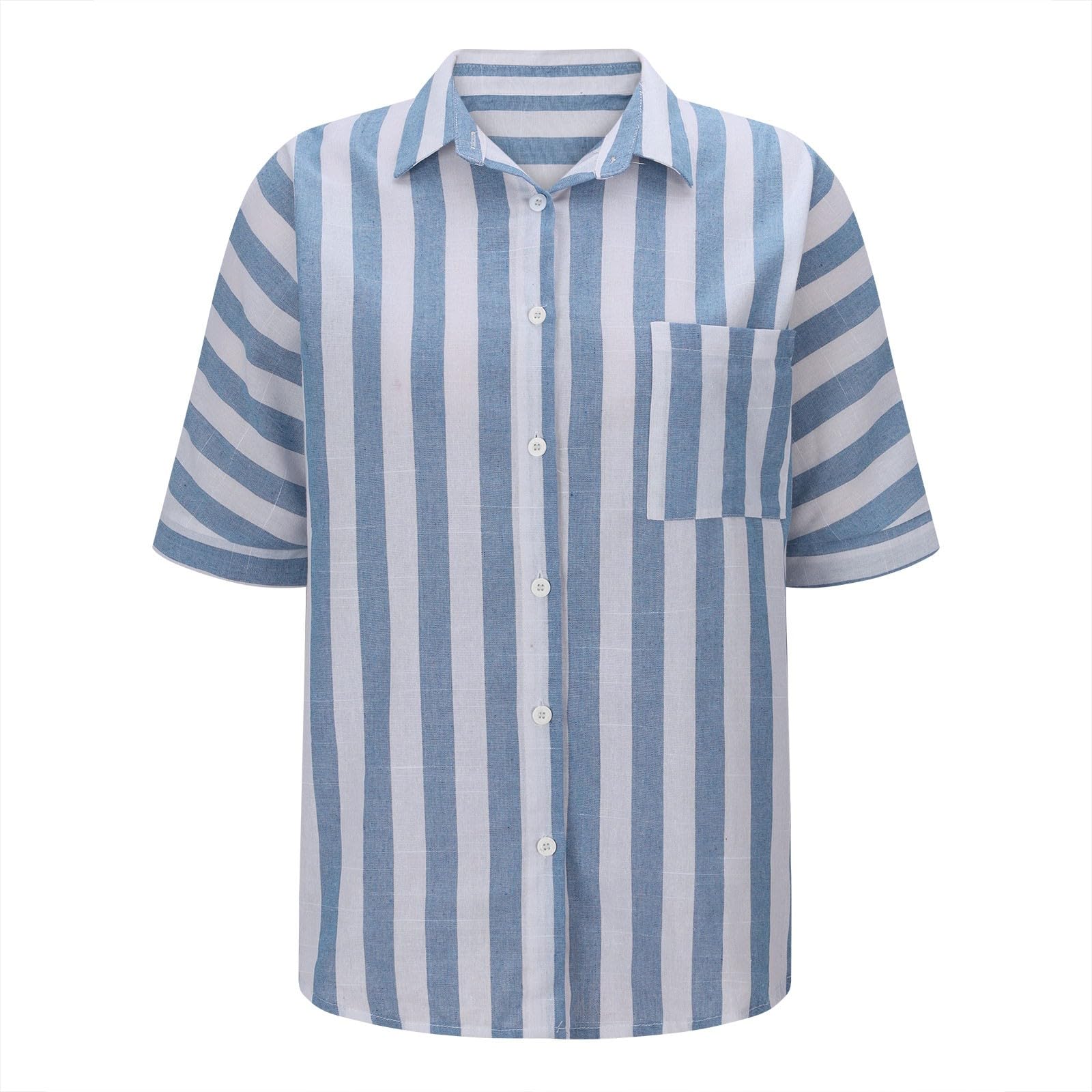 Women's Striped Linen Short Sleeve Button Down Shirt - Trendy V-Neck Casual Blouse & Loose Fit Work Top for Office, Summer Outfits & Weekend Wear