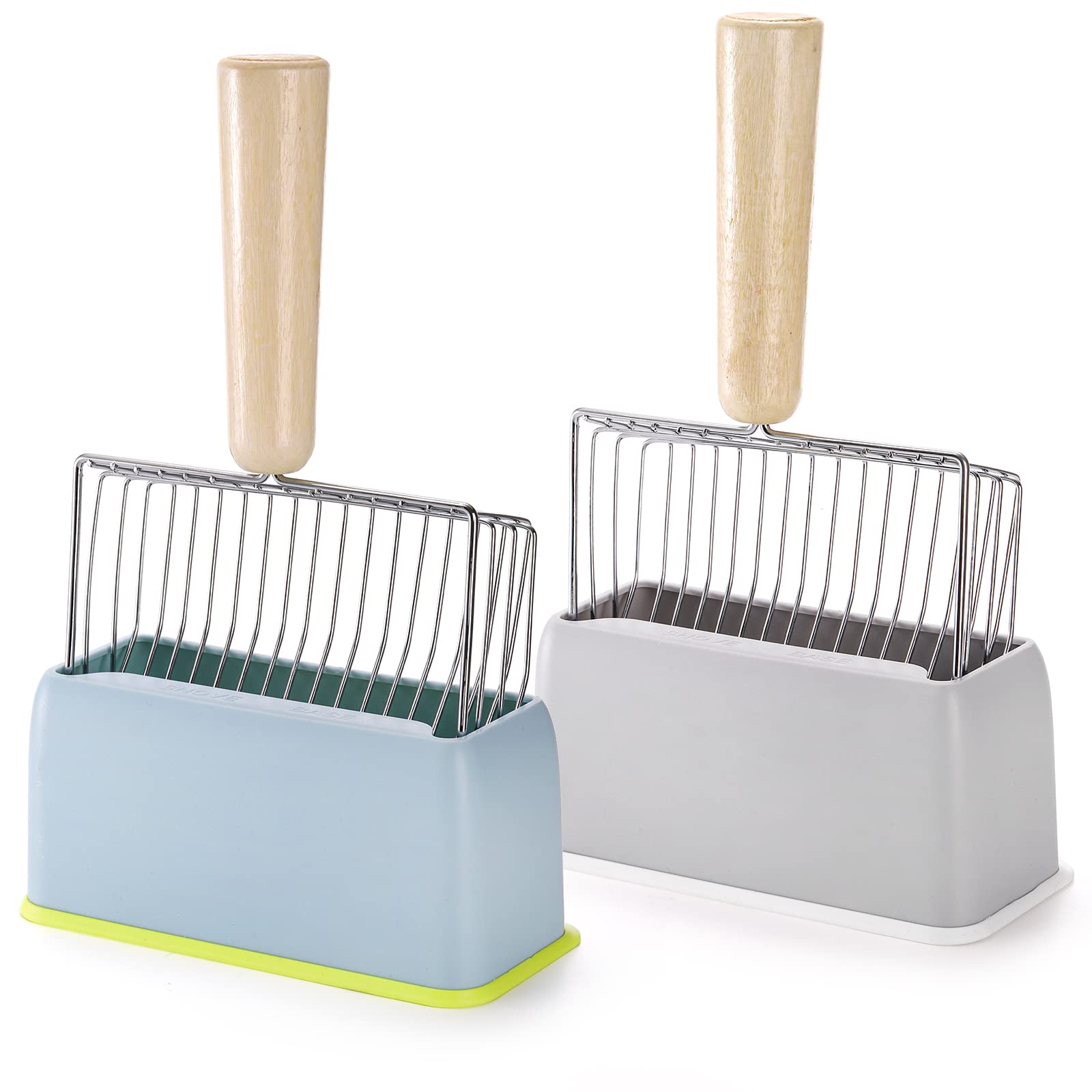 Premium Set of 2 Metal Cat Litter Scoops with Wooden Handle & Holder - Durable Kitty Waste Scooper for Fast Sifting - Gray & Blue Design - Perfect for Litter Box Cleaning & Multi-Cat Households