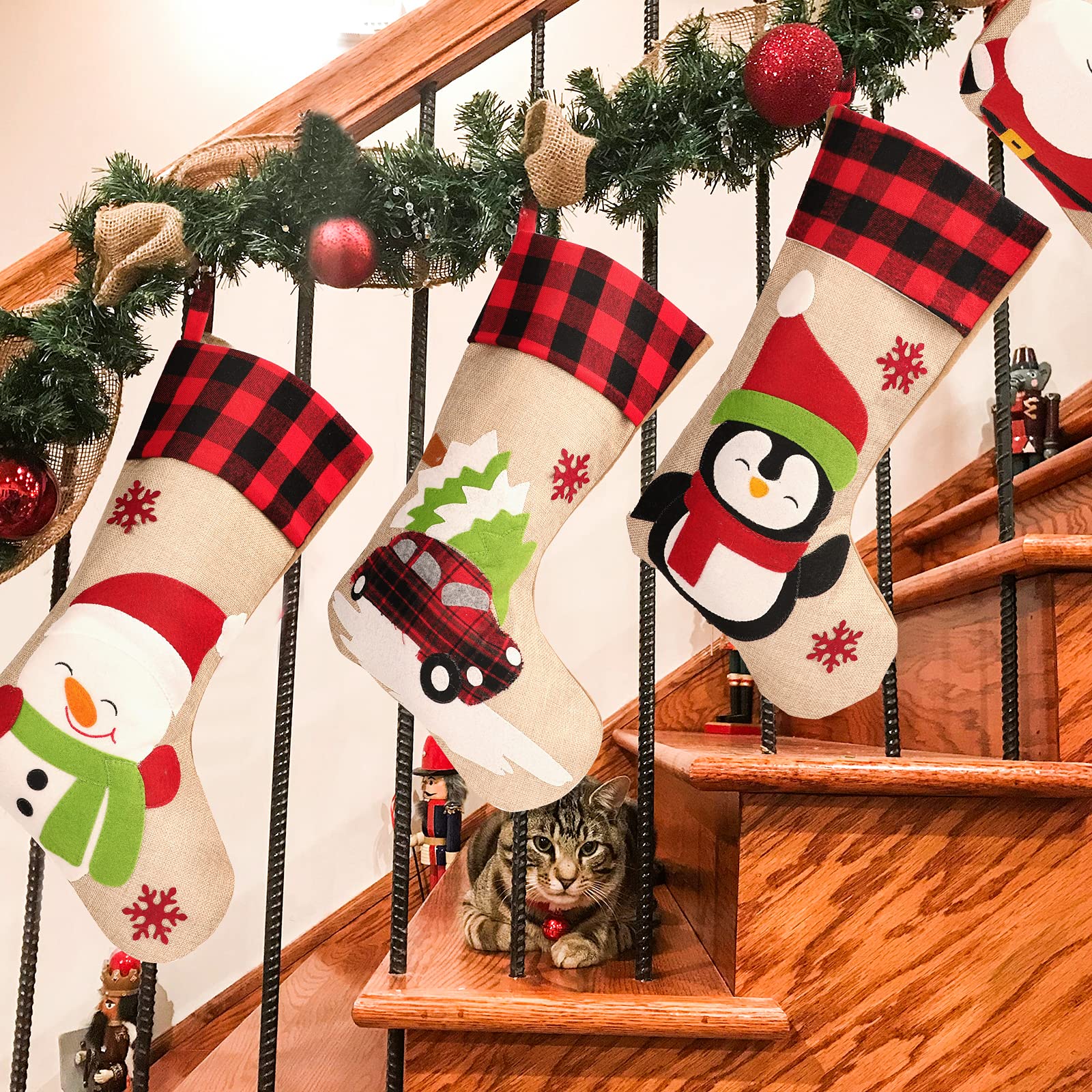 GoldFlower Christmas Stockings 5 Pack - 18 Inch Large Holiday Stockings with Santa, Snowman & Gnome Designs - Classic Buffalo Plaid Cuff - Perfect for Fireplace, Staircase & Christmas Tree Decorations - Festive Xmas Ornaments for Family & Home Decor